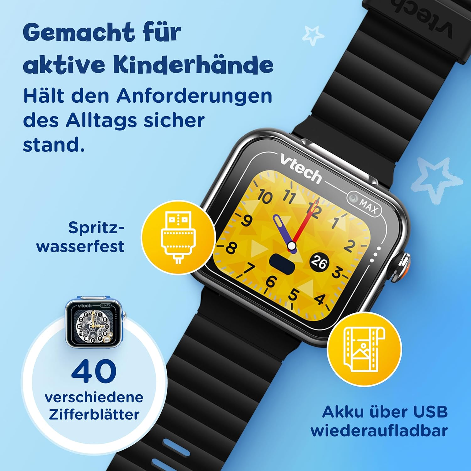 VTech Smartwatch für Kinder: spritzwasserfest, 40 Zifferblätter, USB-aufladbar.