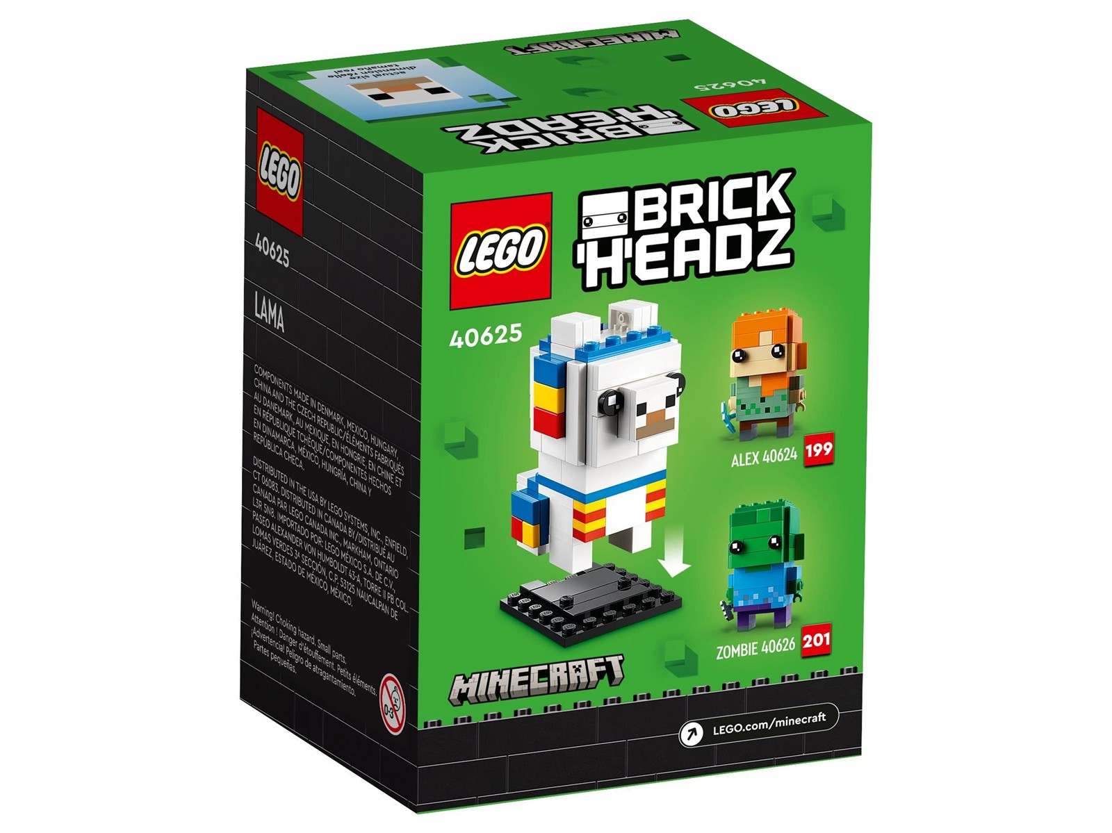 LEGO BrickHeadz Minecraft Lama, Alex und Zombie Box. Grün mit Bildern der Figuren.
