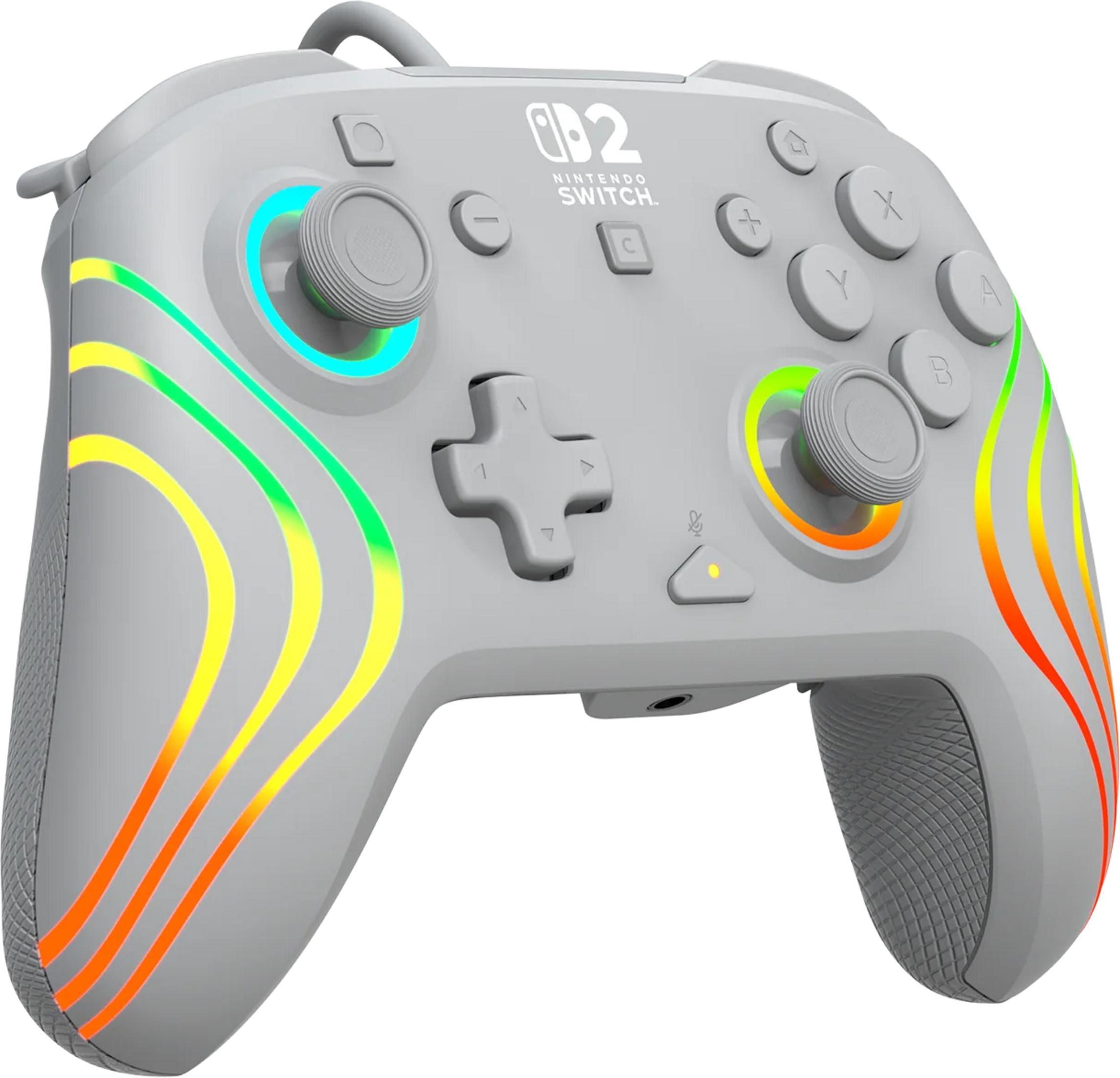 Grauer Nintendo Switch Controller mit bunten Lichtakzenten und Tasten.