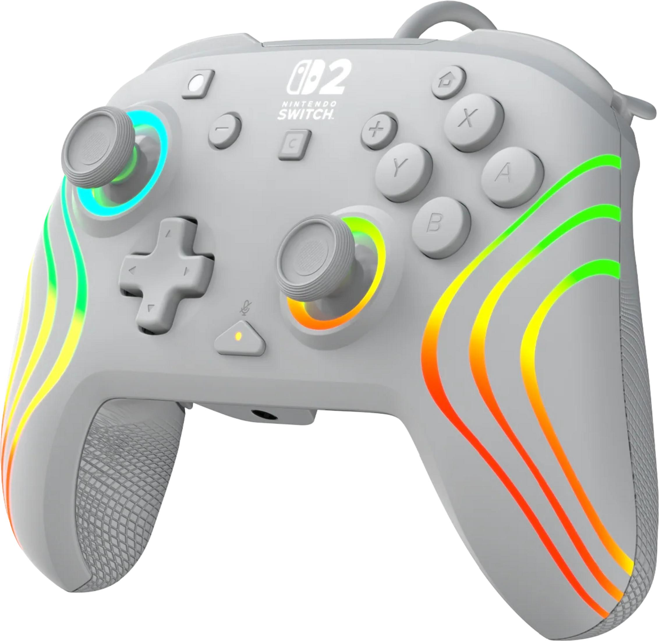 Ein weißer Nintendo Switch Controller mit bunten LED-Streifen und Joysticks.