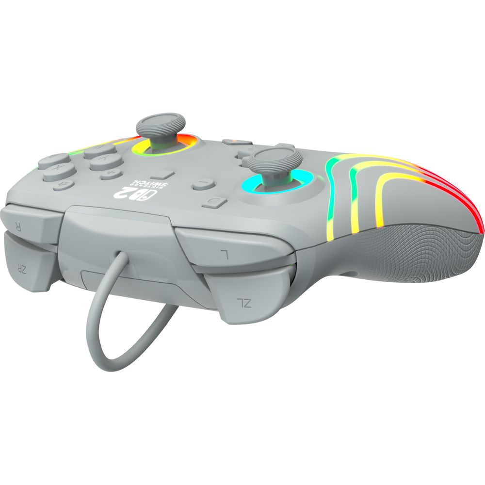 Grauer Nintendo Switch Controller mit bunten Lichtstreifen und Joysticks.