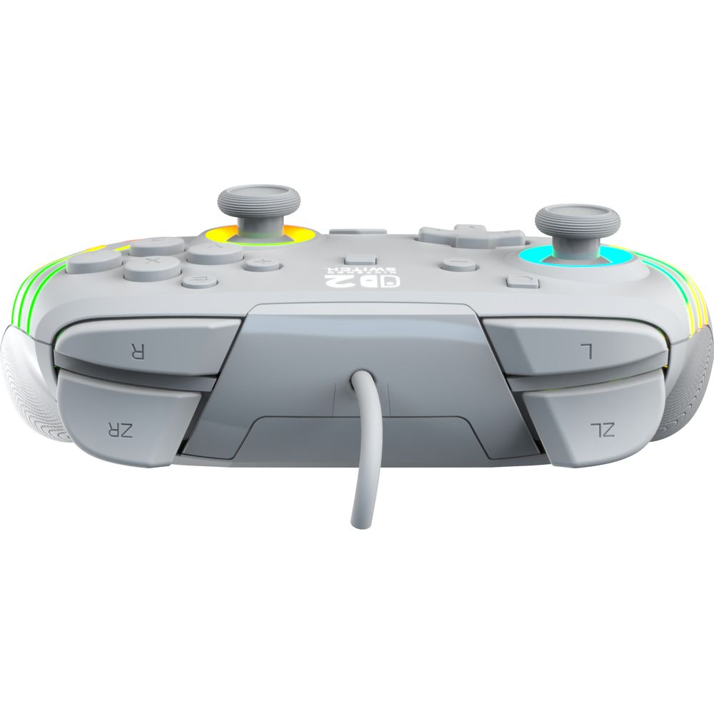 Ein grauer Nintendo Switch Controller mit beleuchteten Joysticks und RGB-Akzenten.