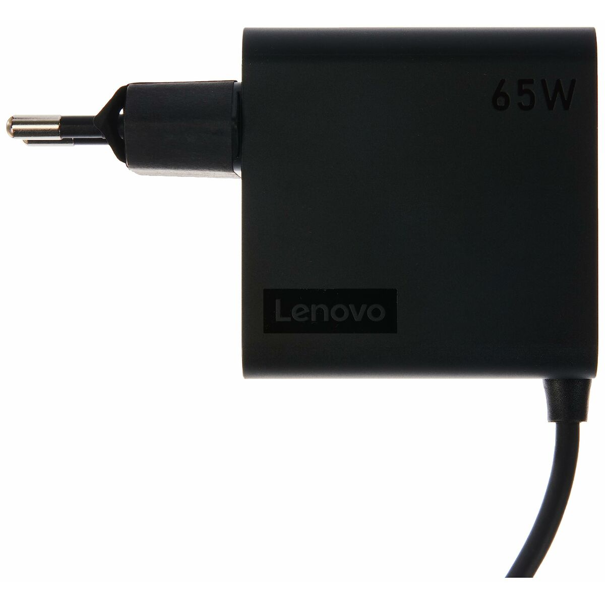 Zwarte Lenovo 65W stroomadapter met opvouwbare stekker en kabel.