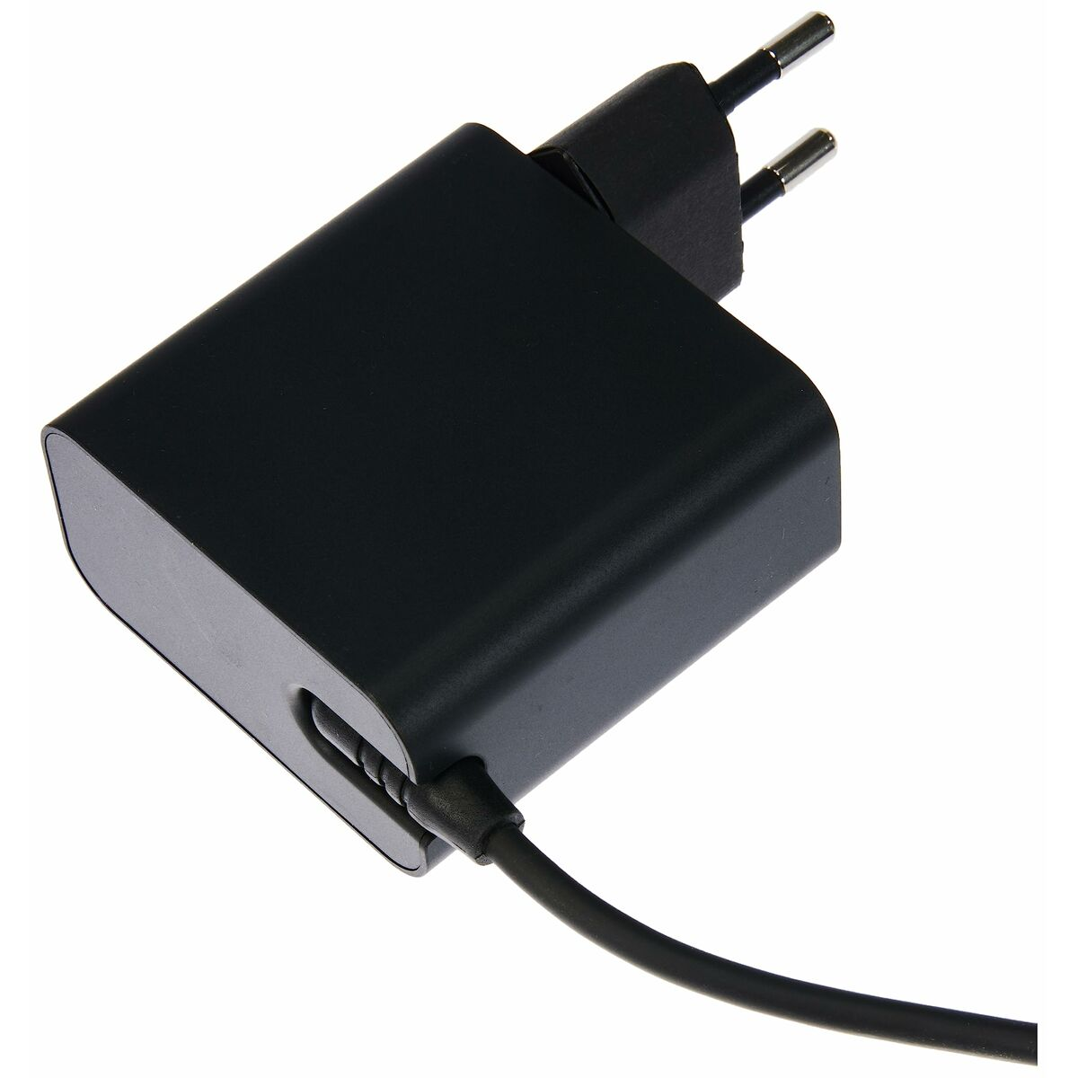 Een zwarte stroomadapter met twee metalen pinnen en een kabel.