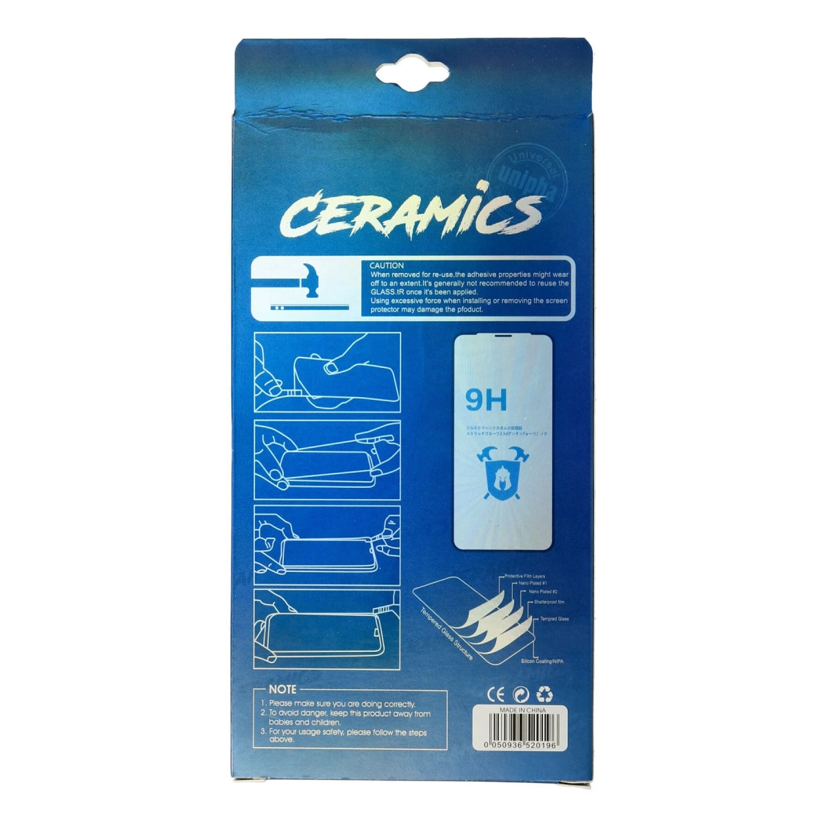 "CERAMICS" ekran koruyucu ambalajı, kurulum kılavuzu ve dikkat notları ile.