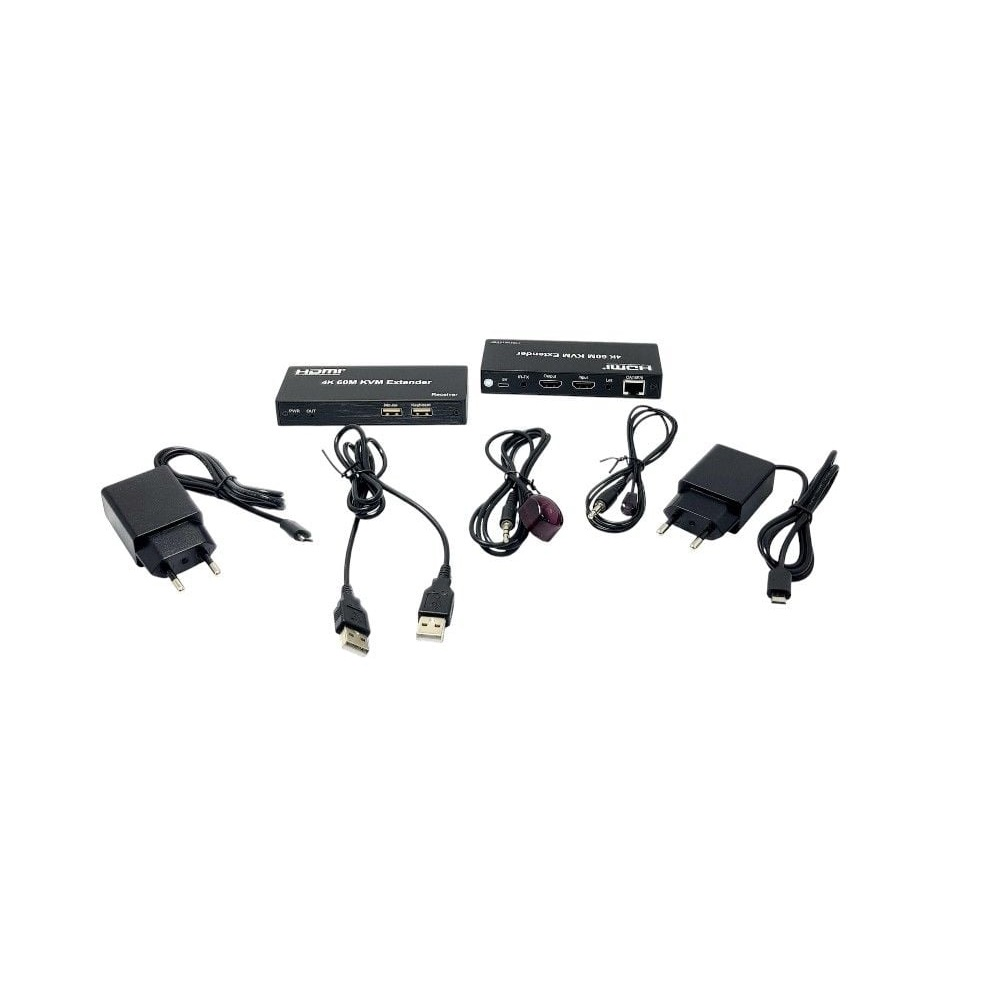 Beyaz arka plan üzerinde birden fazla HDMI KVM genişletici, güç adaptörü ve kablo.