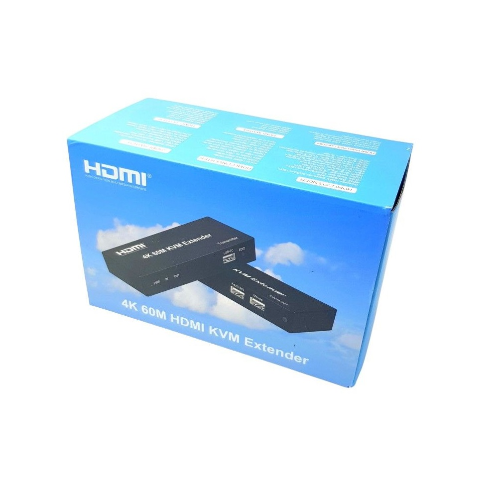 HDMI 4K 60M KVM Uzatıcı kutusu. İki siyah uzatıcı gösteriliyor.