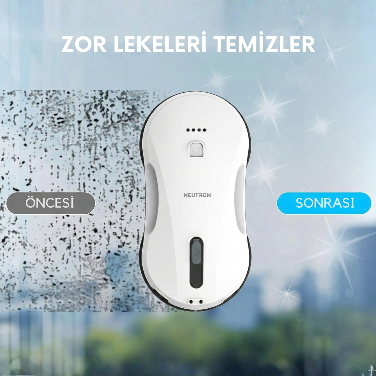 Beyaz Neutron pencere temizleme robotu kirli bir pencereyi temizliyor.