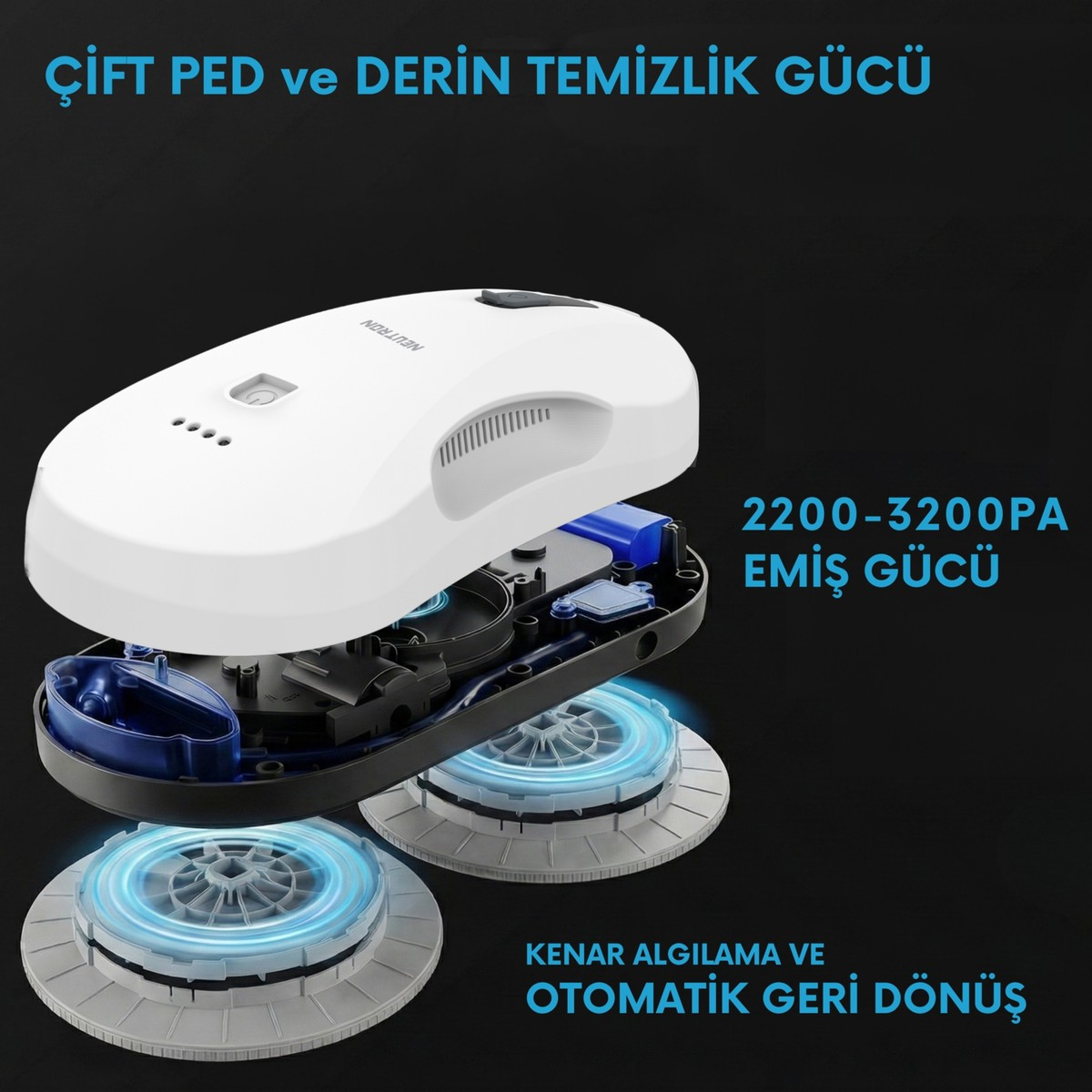 Açık iç bileşenlere ve iki döner pede sahip beyaz temizlik robotu.