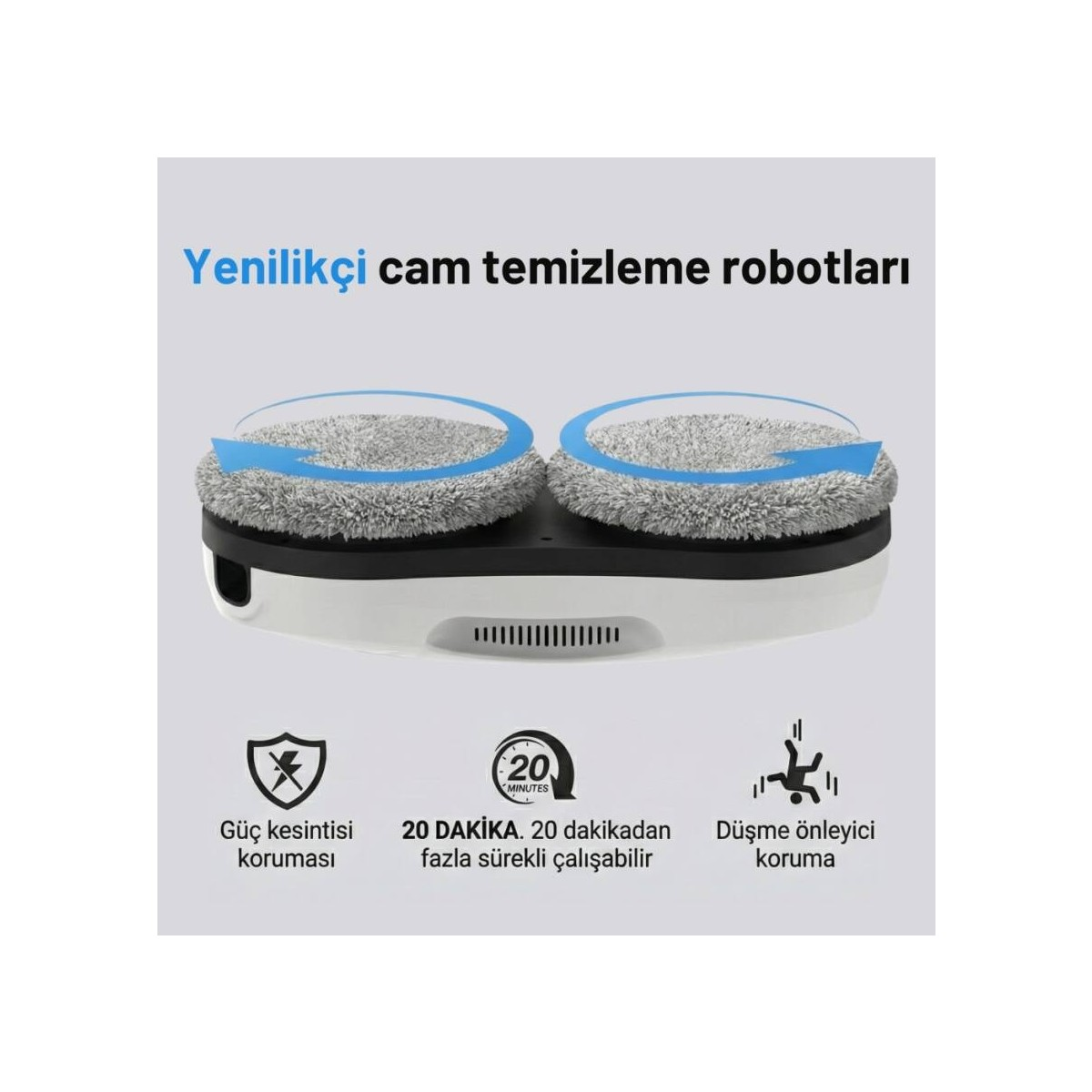 İki döner pedli beyaz cam temizleme robotu.
