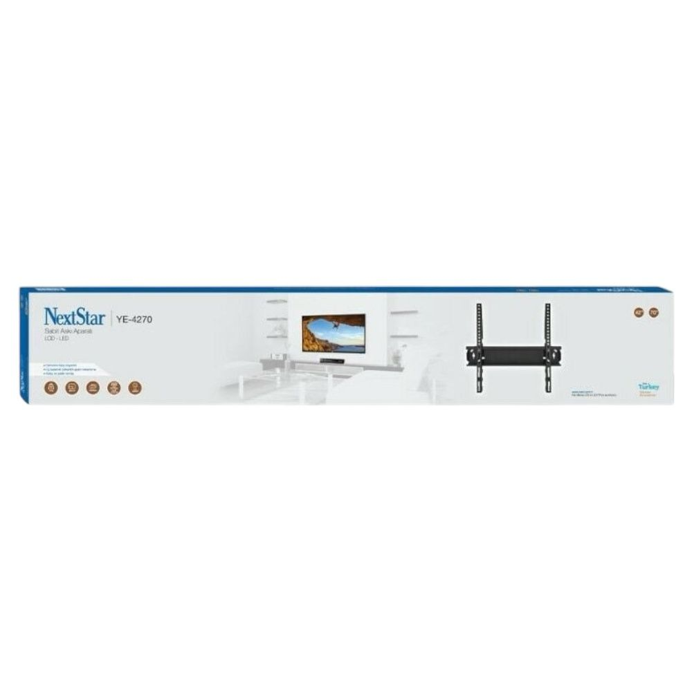 NextStar YE-4270 TV duvar askısı kutusu, oturma odası ve askı resmiyle.