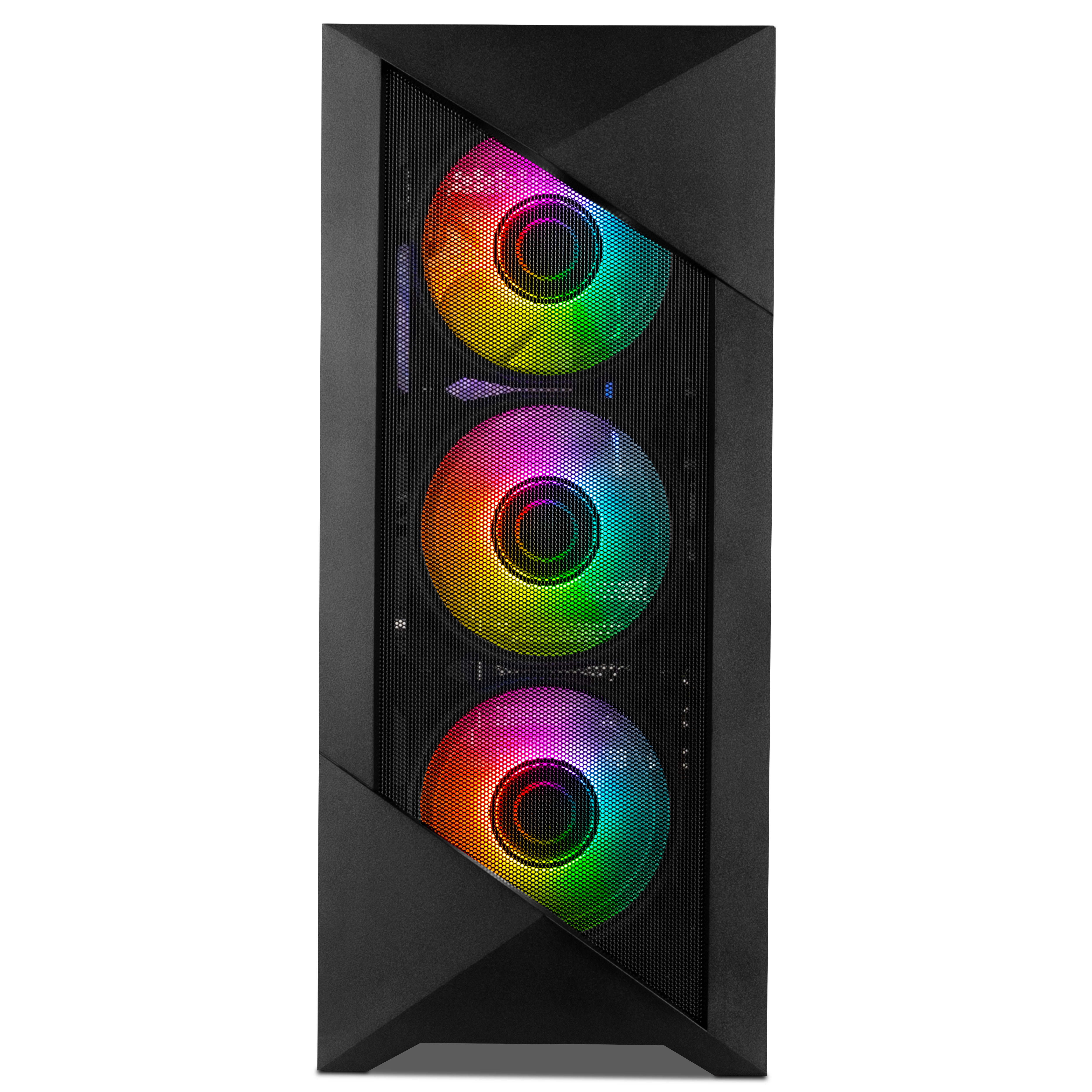 Un case PC nero con tre ventole RGB illuminate viste frontalmente.