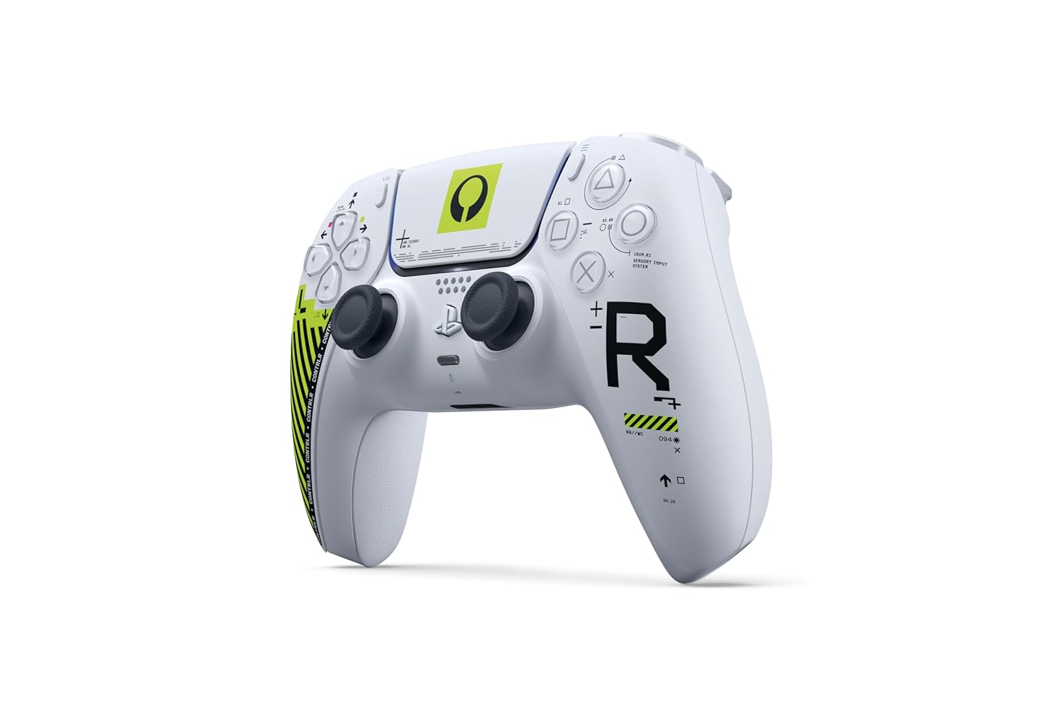 Un controller bianco con accenti neri e verdi, su sfondo bianco.