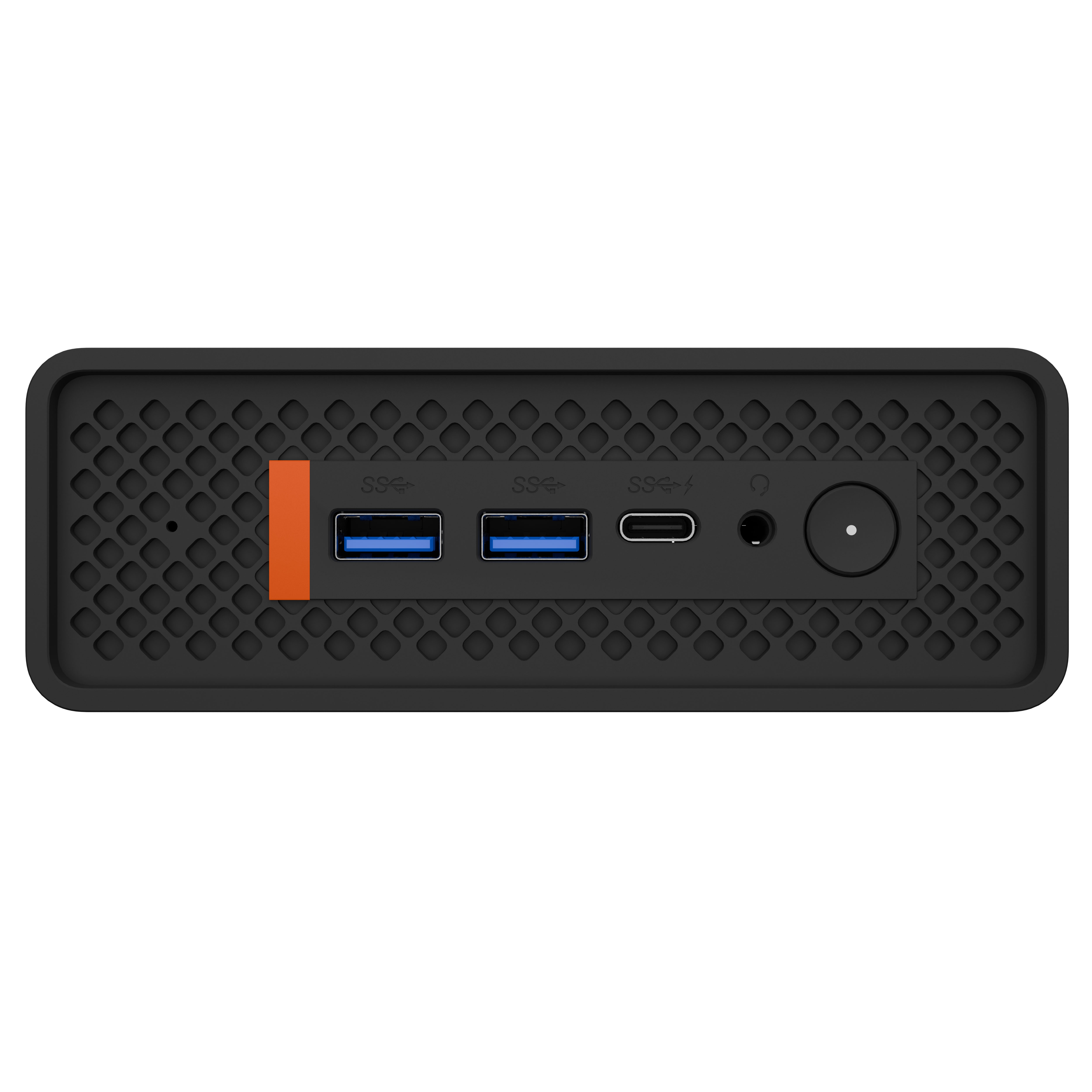 Scatola nera con griglia di ventilazione, porte: 2x USB-A, 1x USB-C, jack 3,5mm.