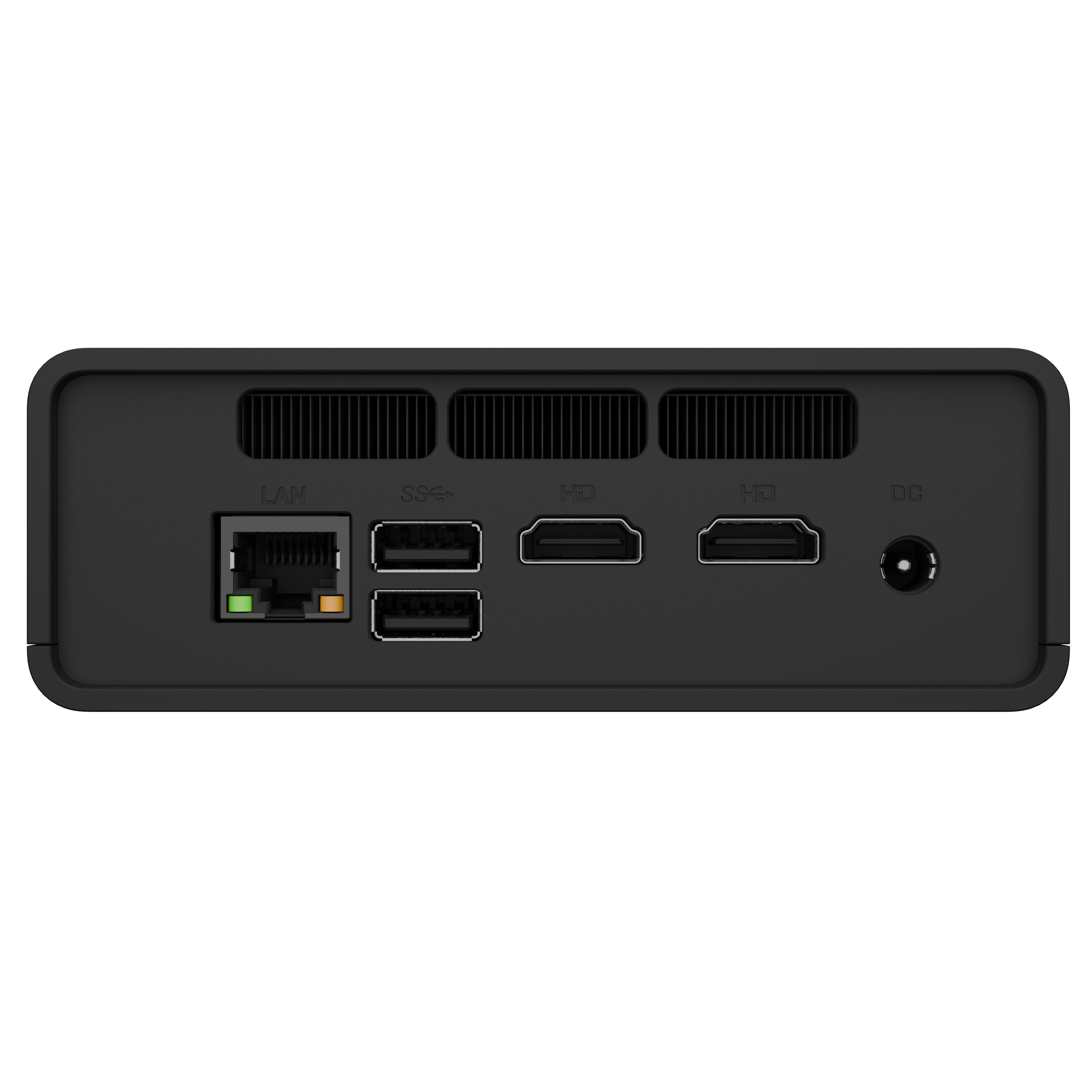 Retro di un mini PC nero con porte LAN, USB, HDMI e DC.