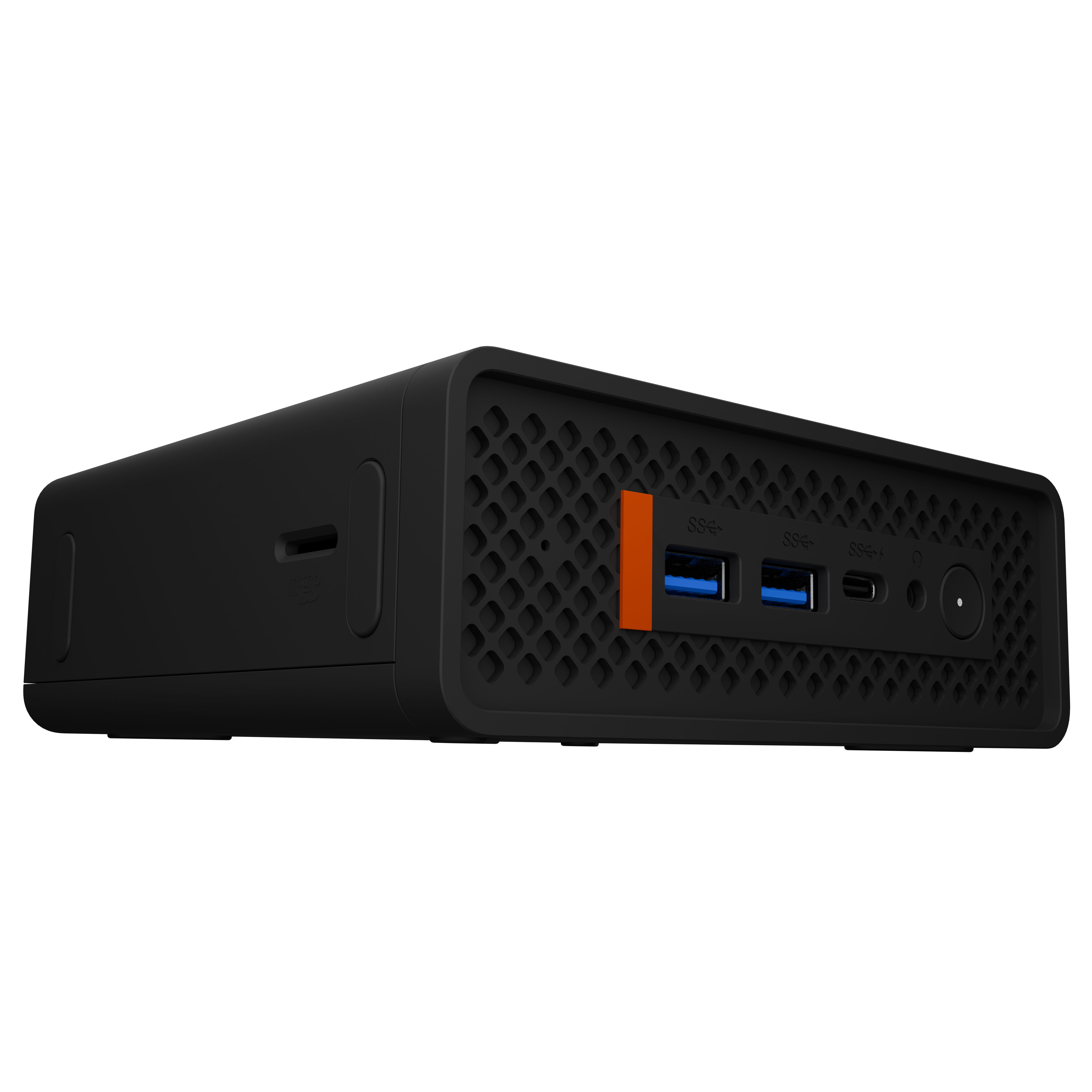 Mini PC nero con porte USB-C, USB 3.0 e accento arancione.