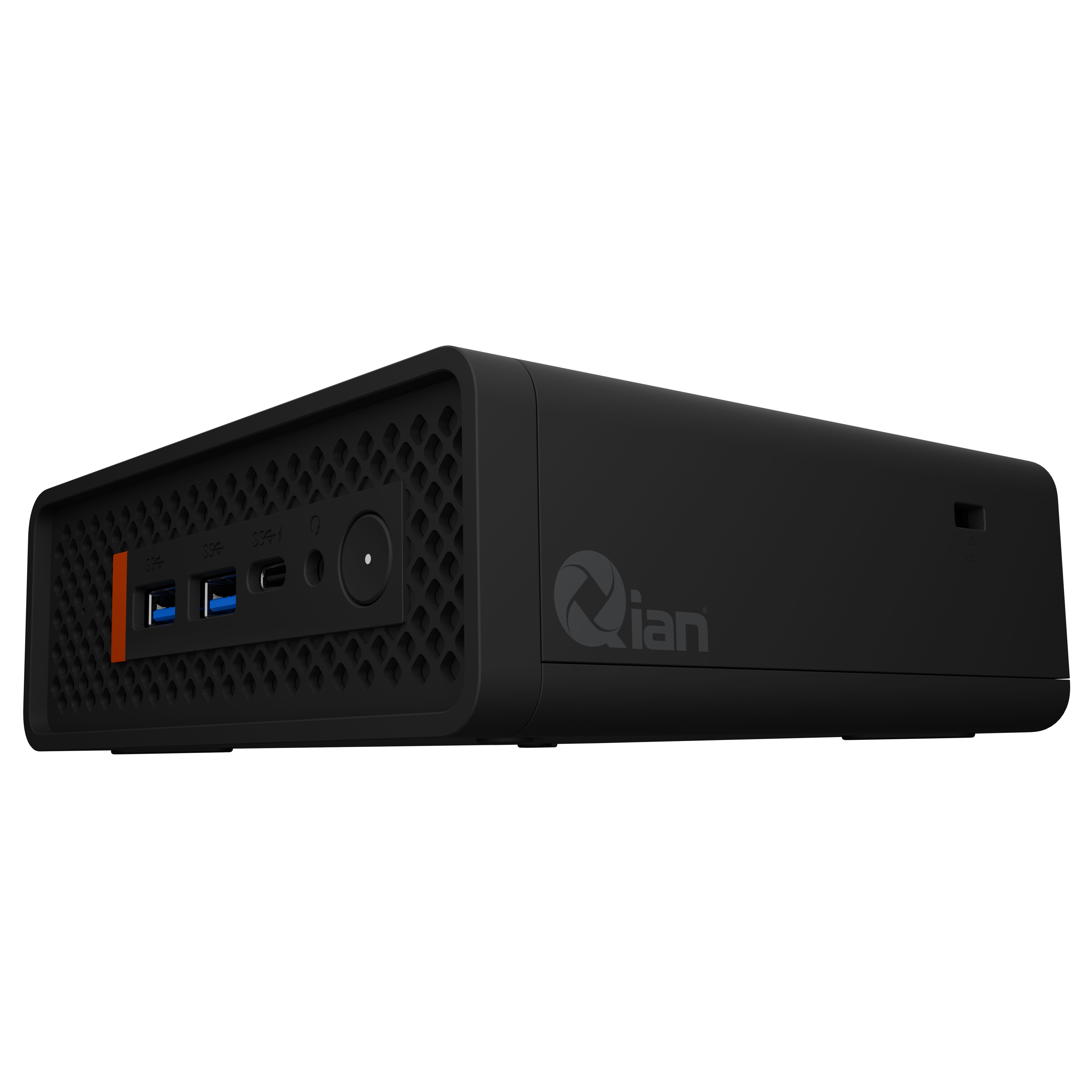 Case nero per mini PC QIAN con porte USB e Type-C sul davanti.