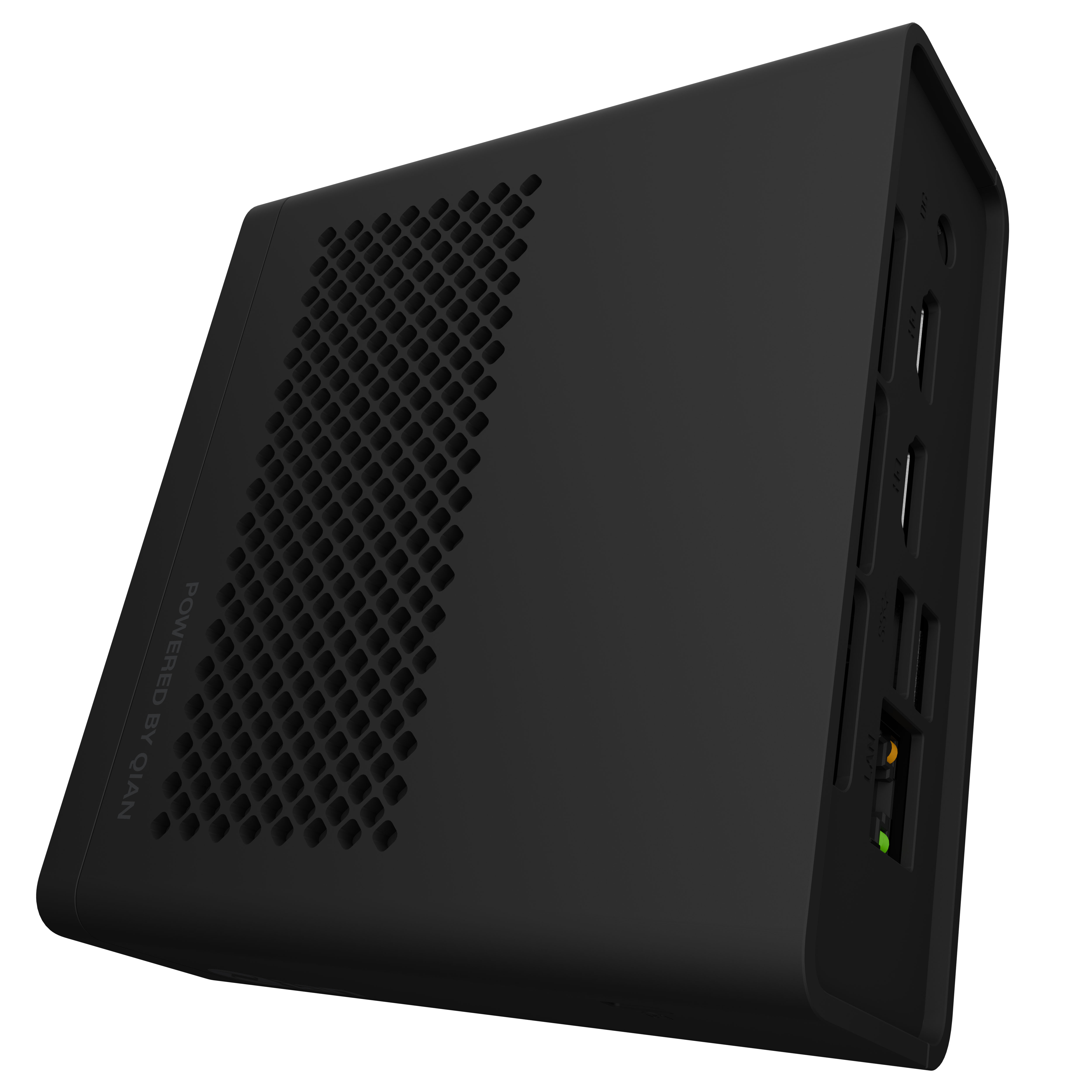 Cubo computer nero con prese d'aria e porte.