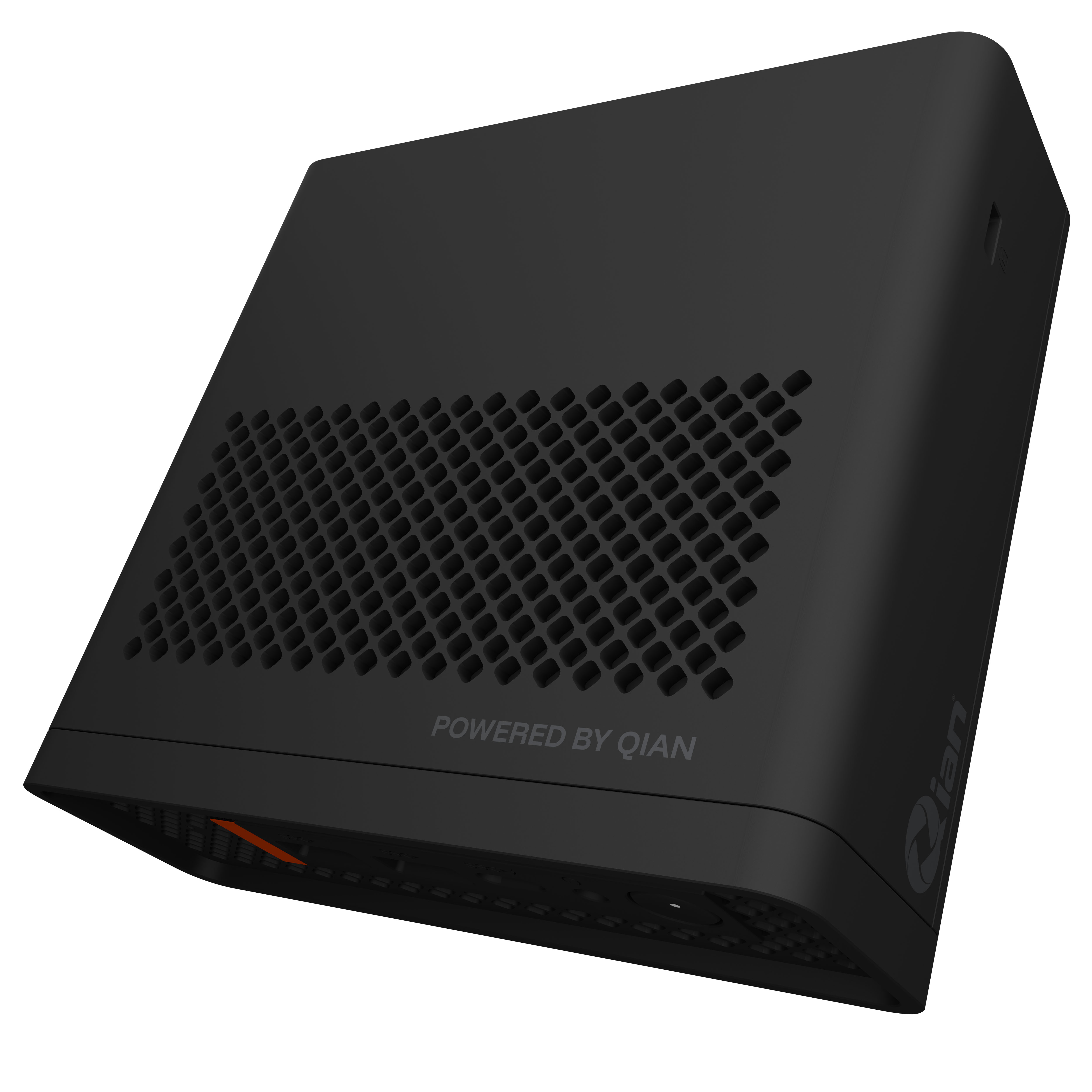 Un dispositivo rectangular negro con rejillas de ventilación y texto "POWERED BY QIAN".