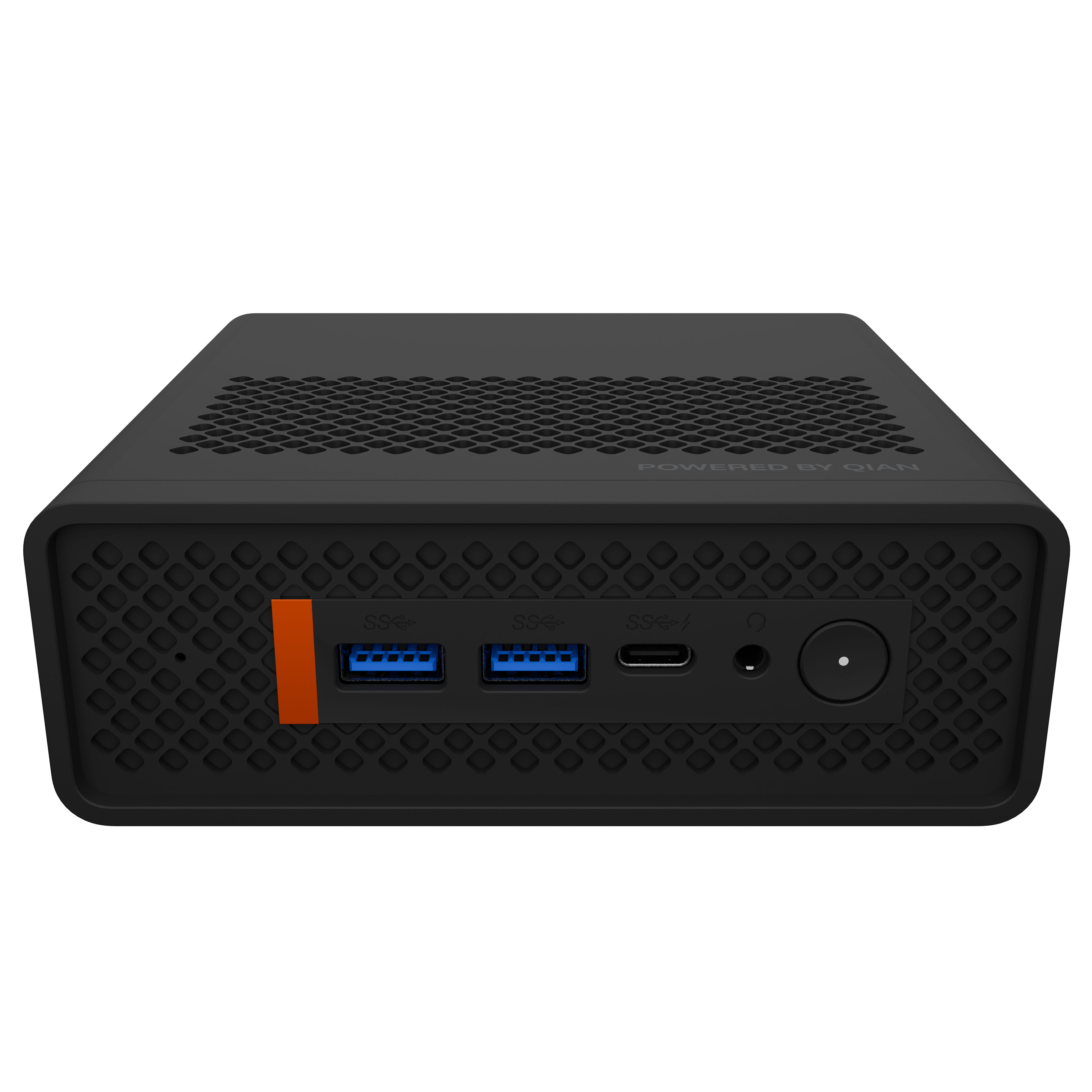 Mini PC nero con griglia di ventilazione, porte USB e connettore di alimentazione.