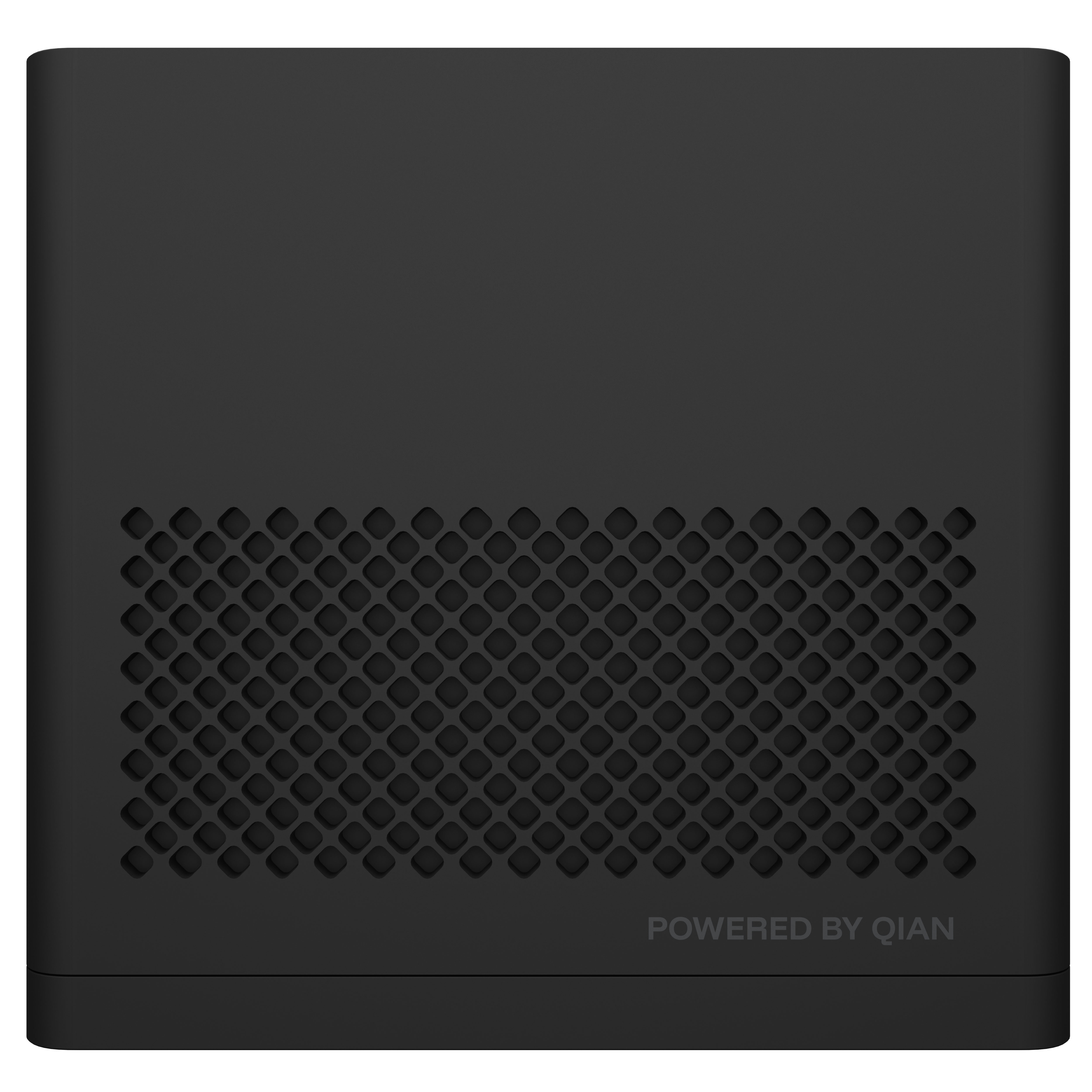 Dispositivo nero con frontale traforato e scritta "POWERED BY QIAN".