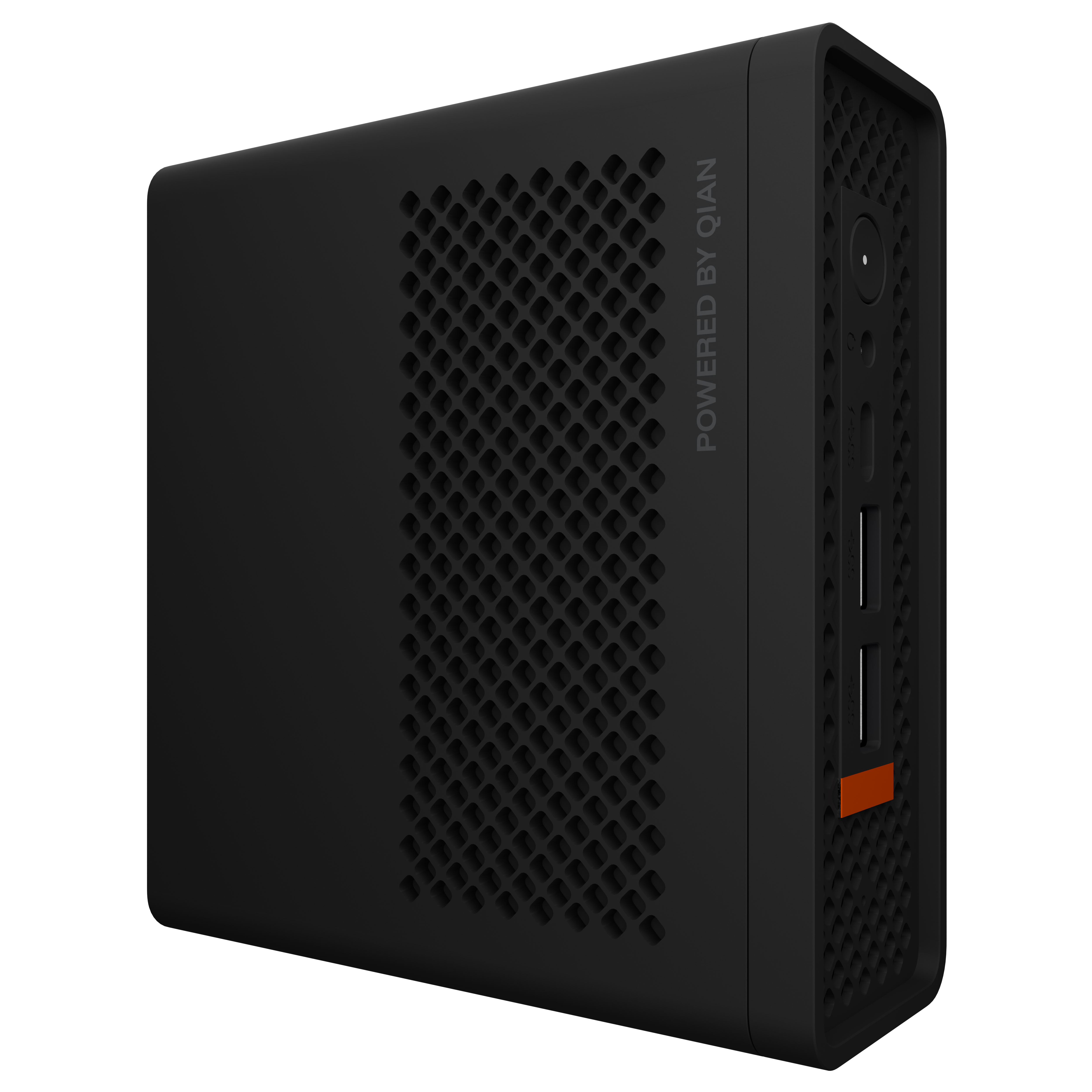 Un mini PC nero con motivo di ventilazione e porte anteriori.