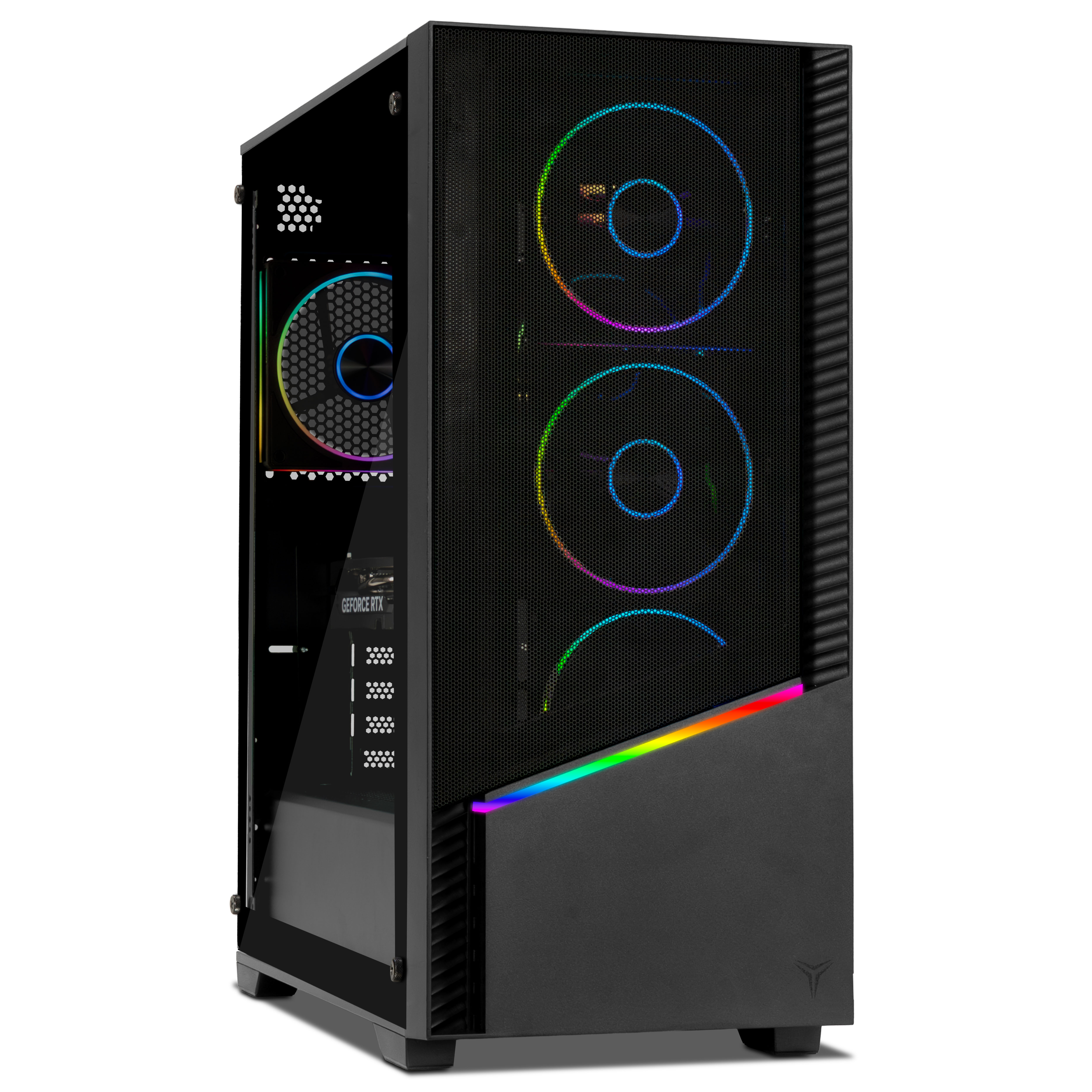 Torre de computadora negra con ventiladores e iluminación RGB, panel lateral de vidrio.