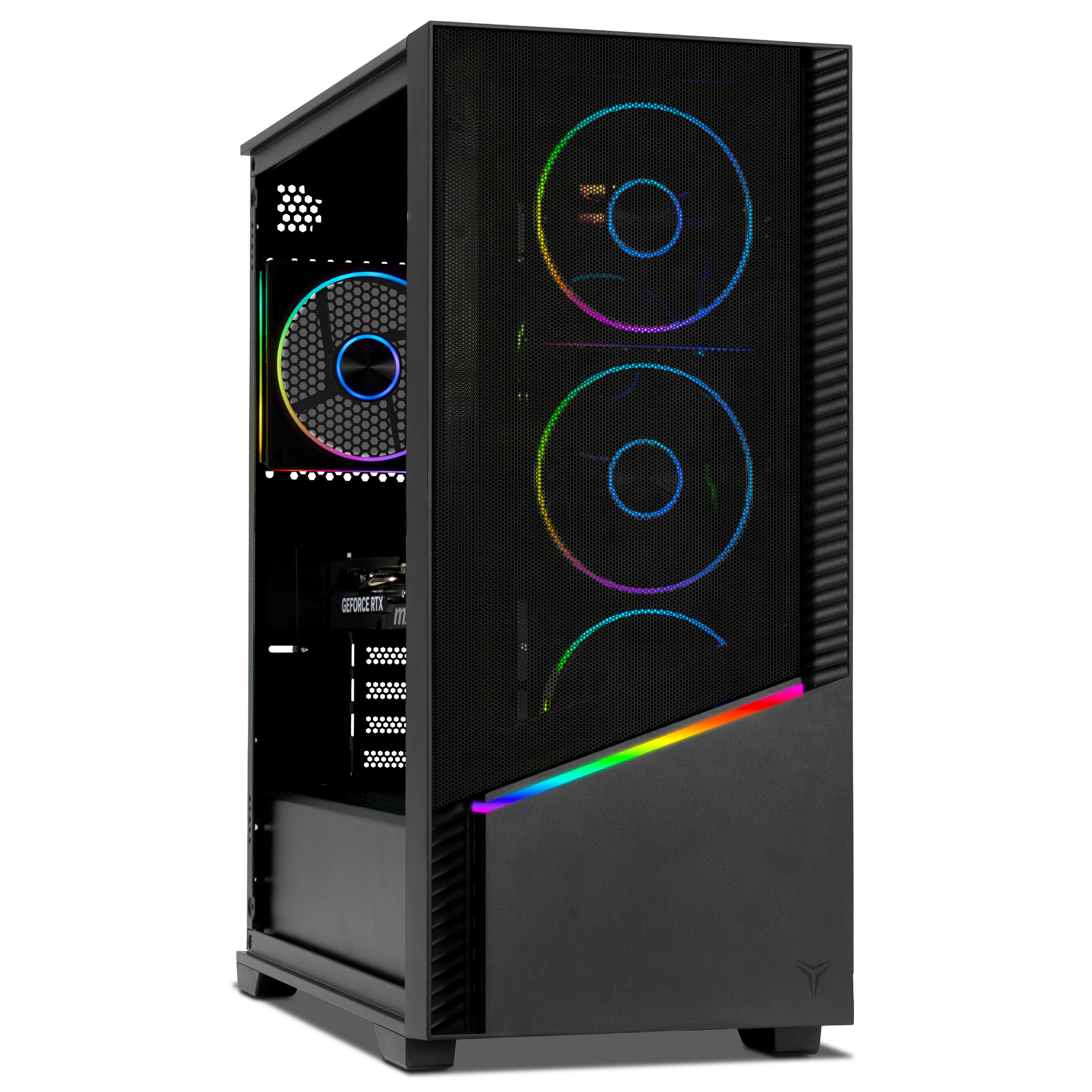 Una caja de PC negra con ventiladores RGB y panel frontal iluminado.