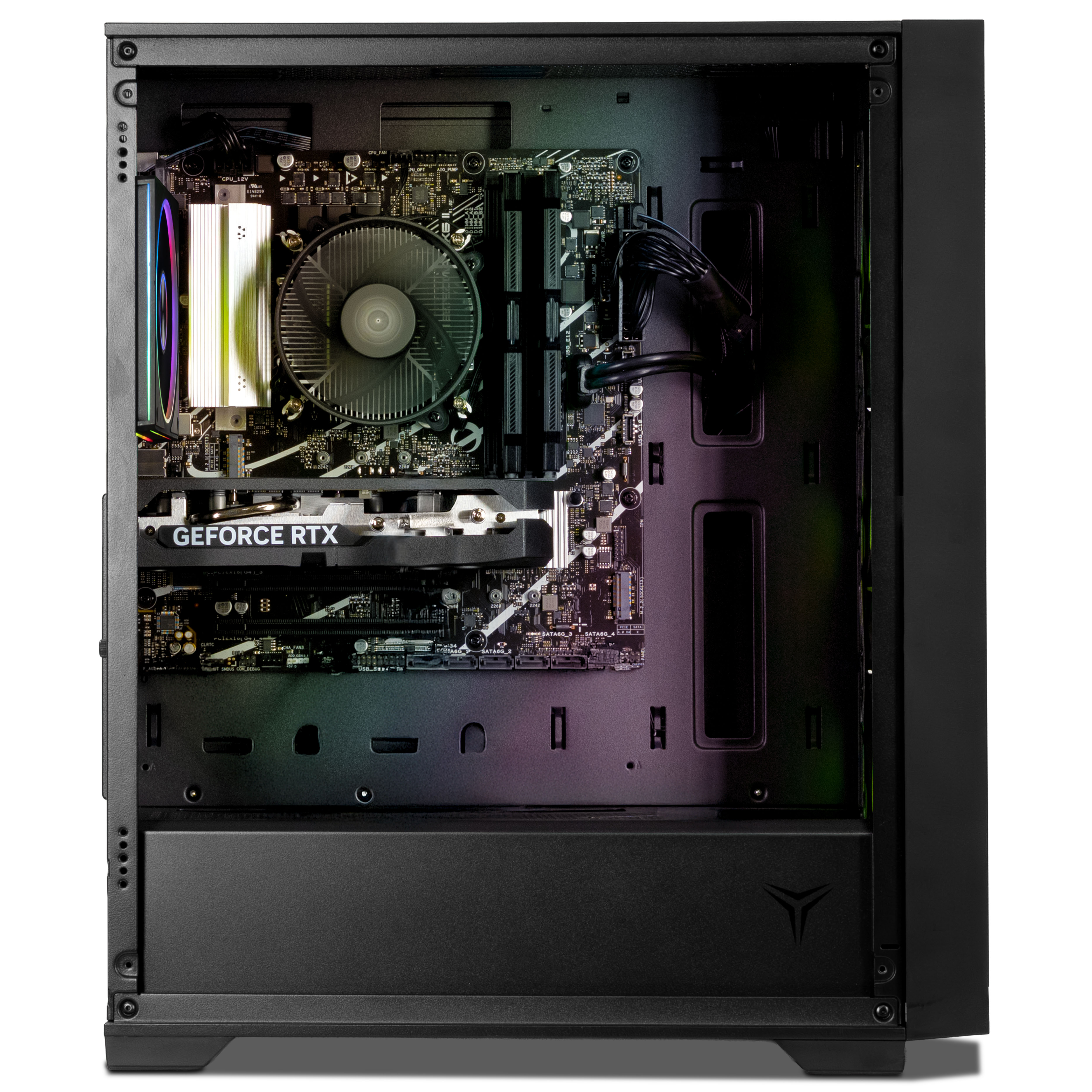Caja de PC abierta mostrando componentes internos: placa base, GPU, disipador de CPU y cables.