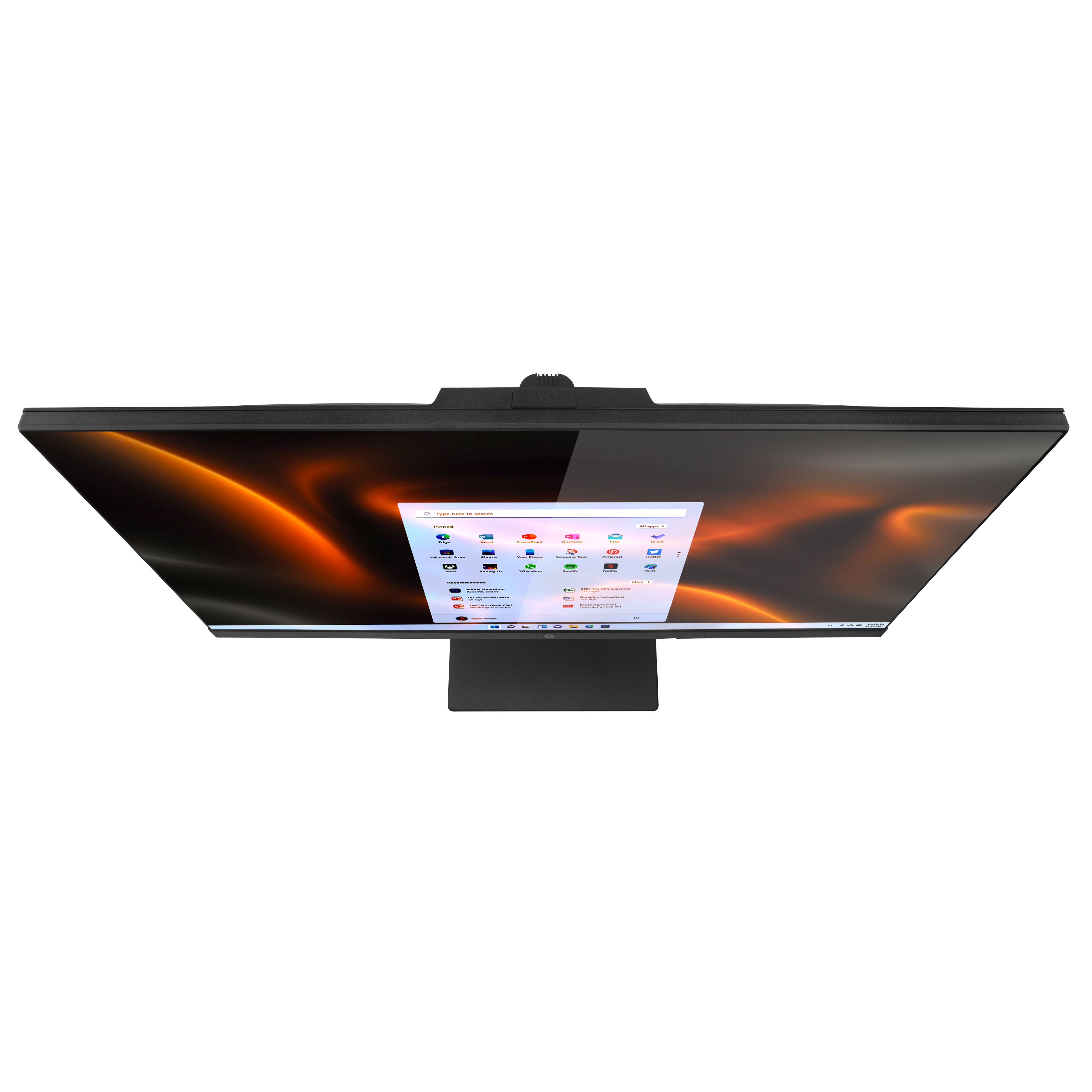Un monitor moderno visualizza un menu Start di Windows con uno sfondo arancione e nero.