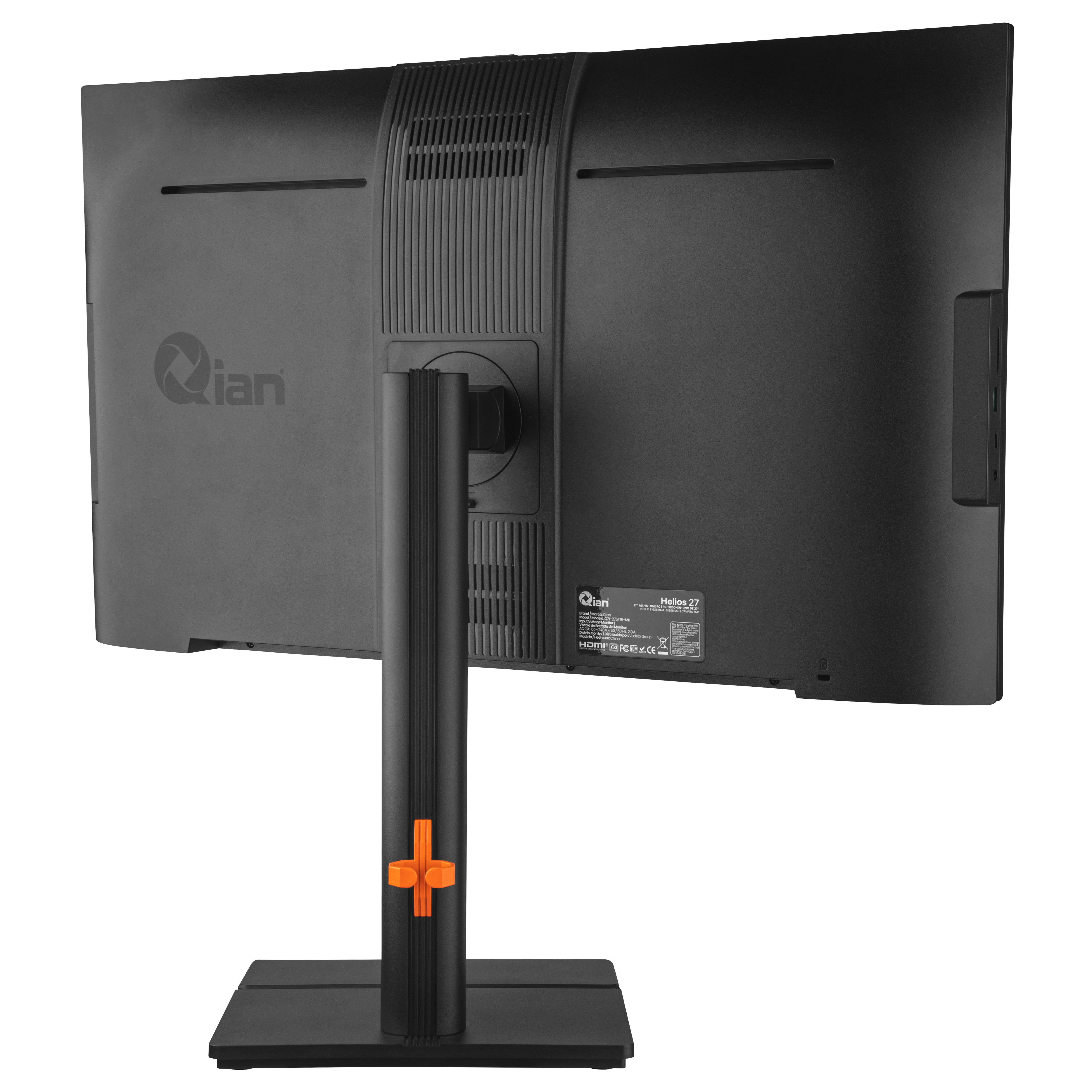 Vista posteriore di un monitor nero con supporto e fessure di ventilazione.