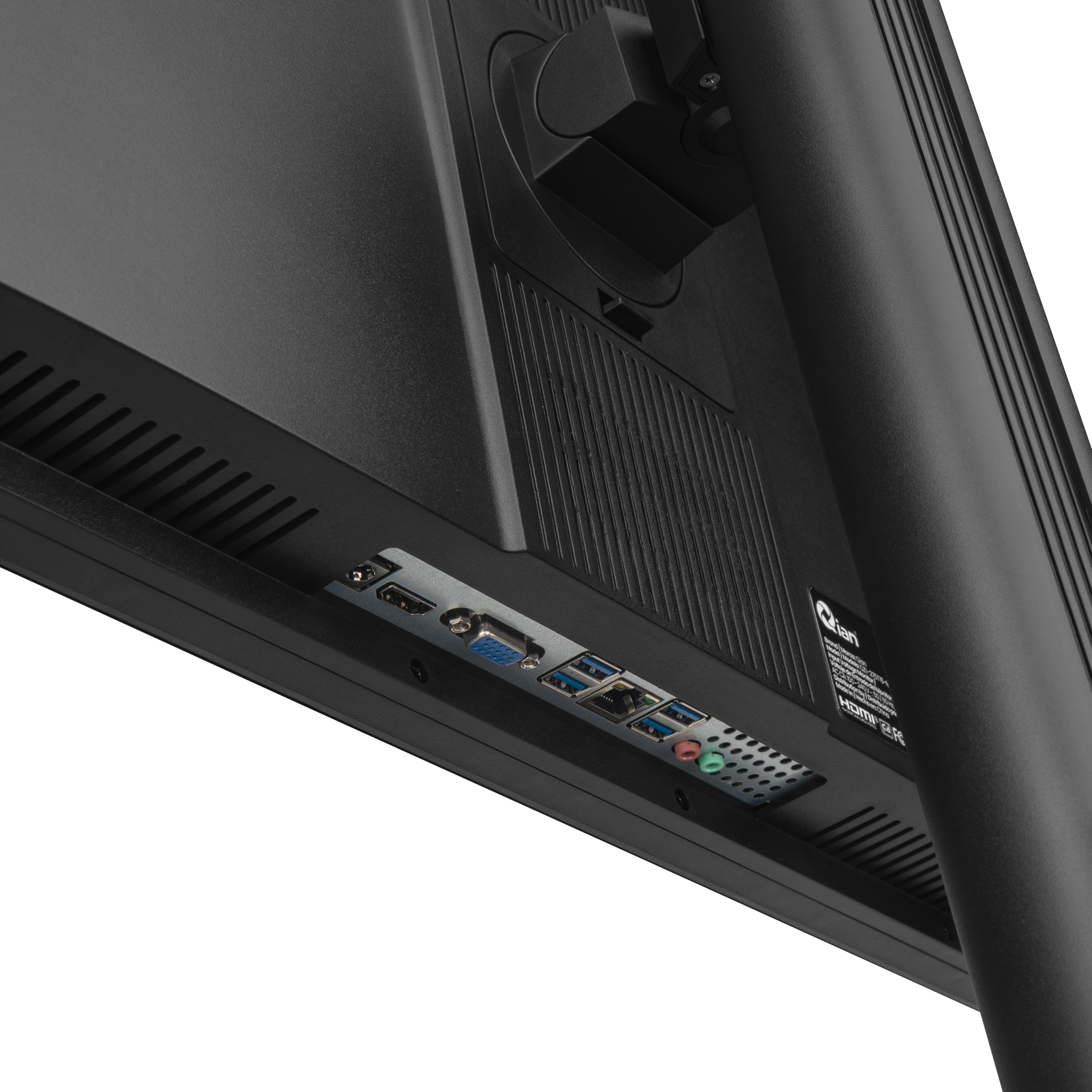 Retro di un monitor nero con porte HDMI, VGA, USB e audio.