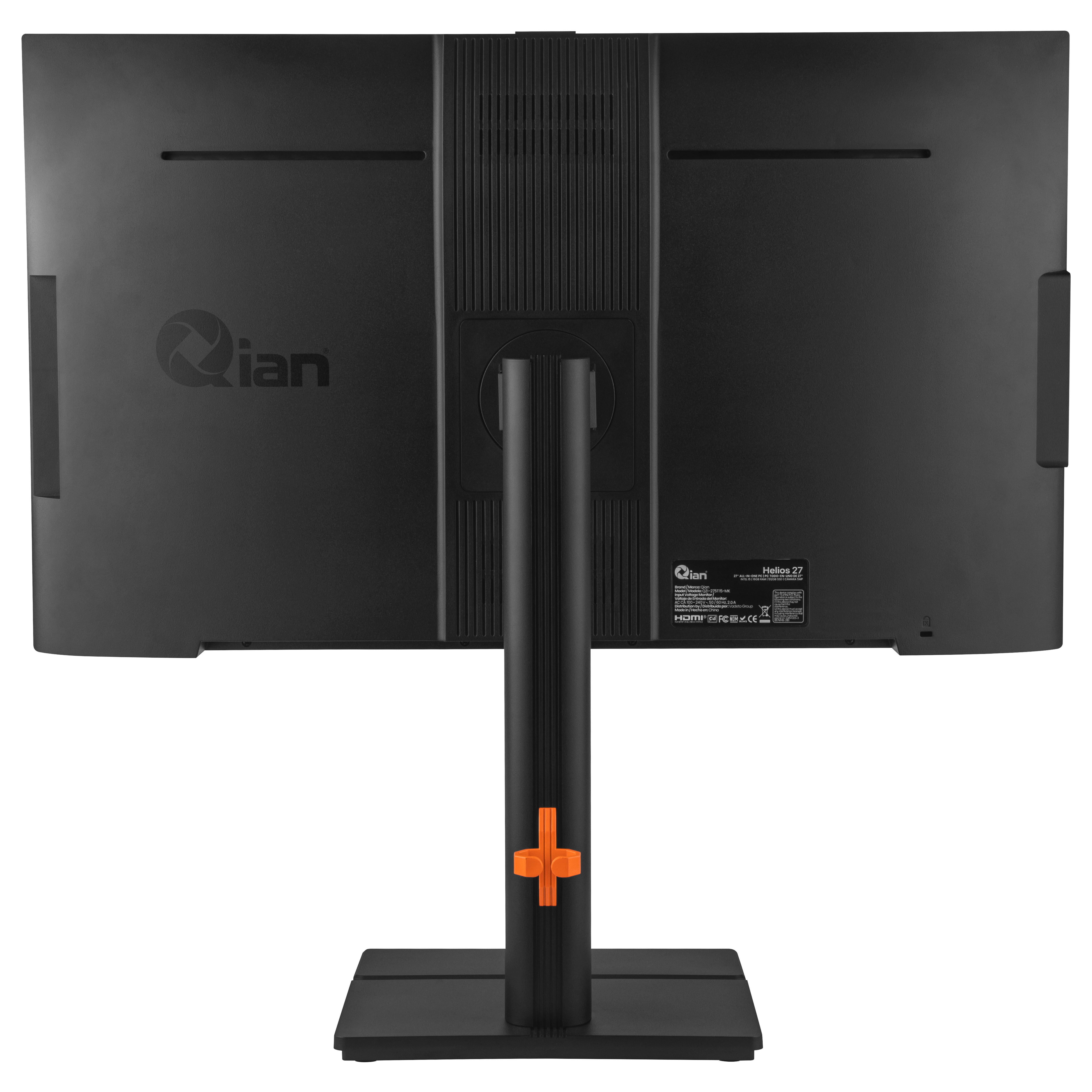 Vista posteriore di un monitor nero con supporto e logo.