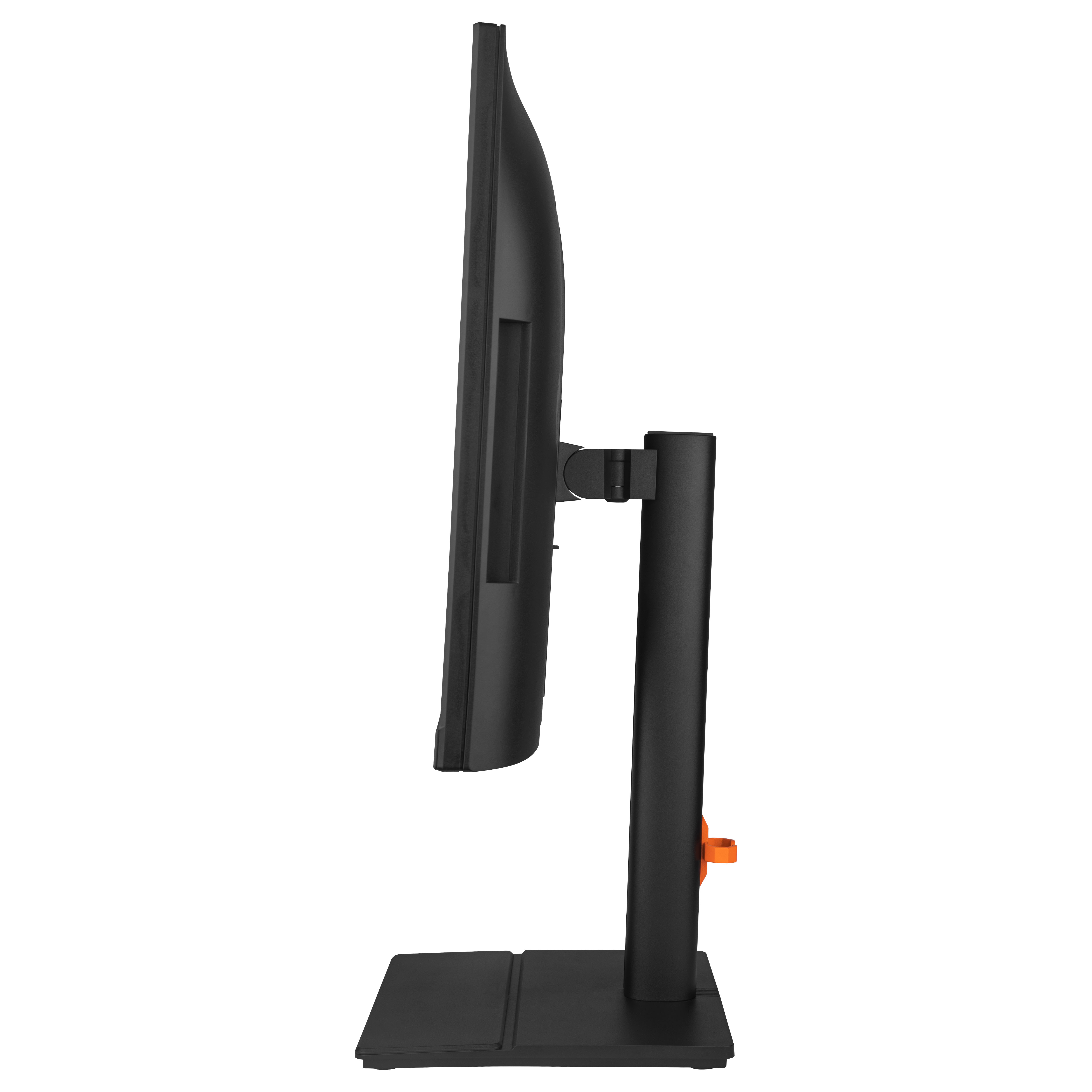 Monitor del computer nero su supporto con manopola di regolazione arancione.