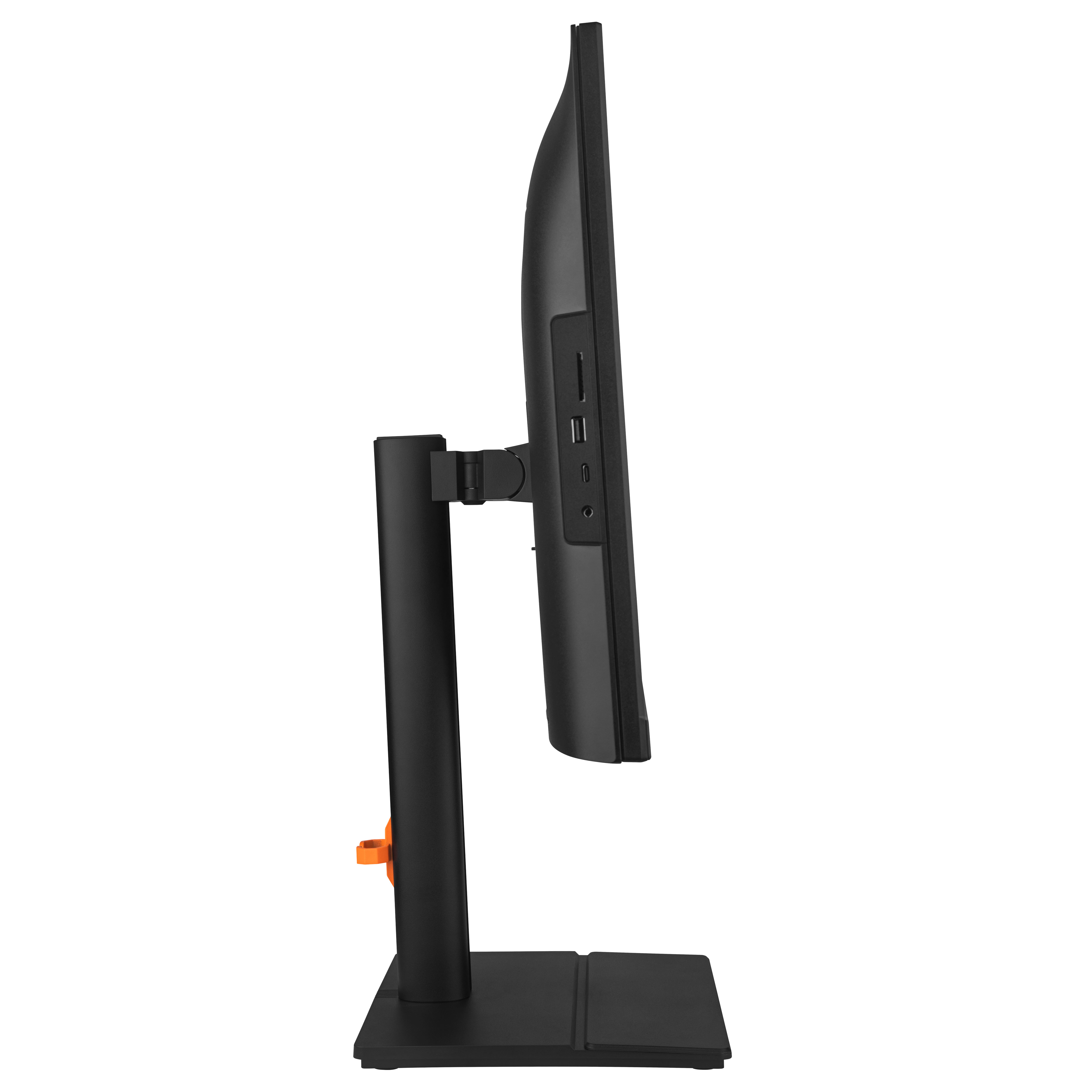 Monitor nero di profilo con porte e leva arancione.