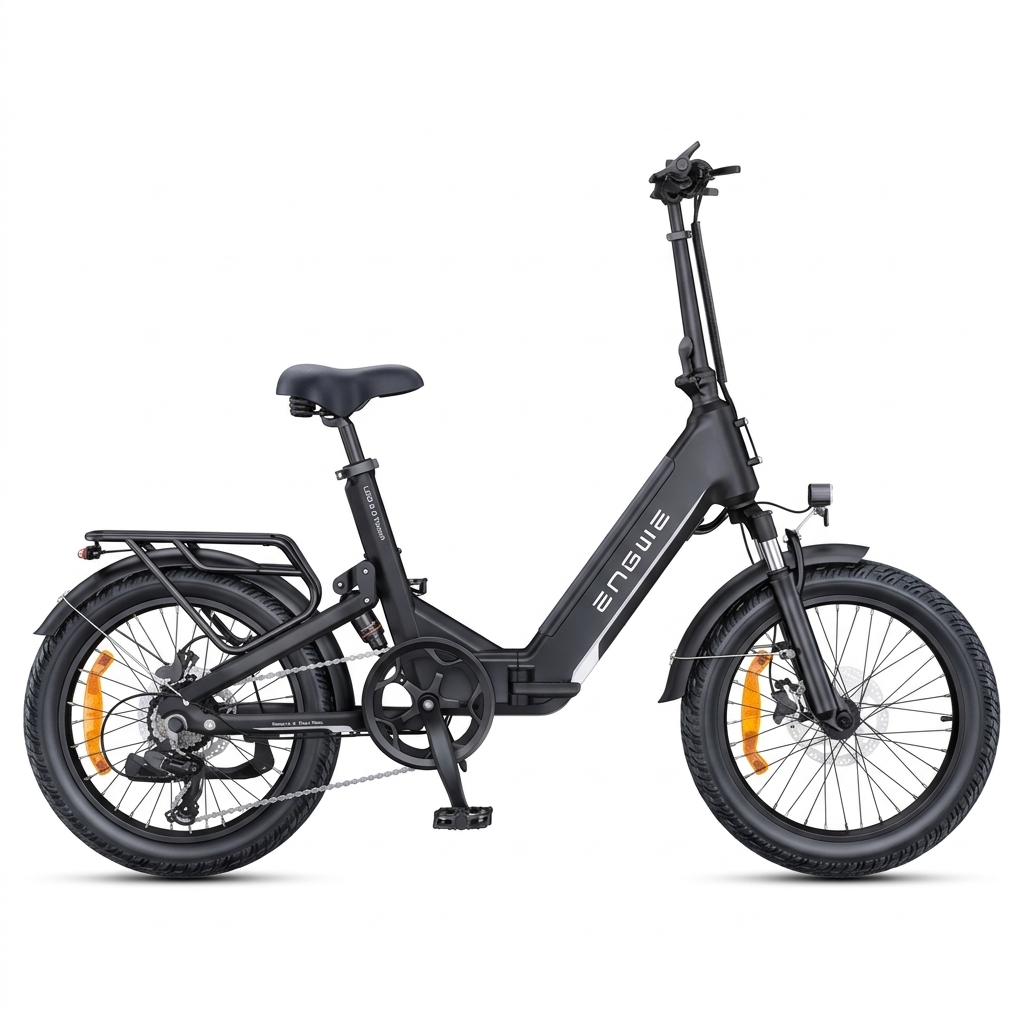 Ein schwarzes faltbares E-Bike mit Gepäckträger und Reflektoren, steht auf weißem Hintergrund.