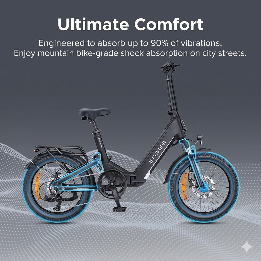 Ein schwarzes E-Bike mit blauen Akzenten und Text über Komfort.