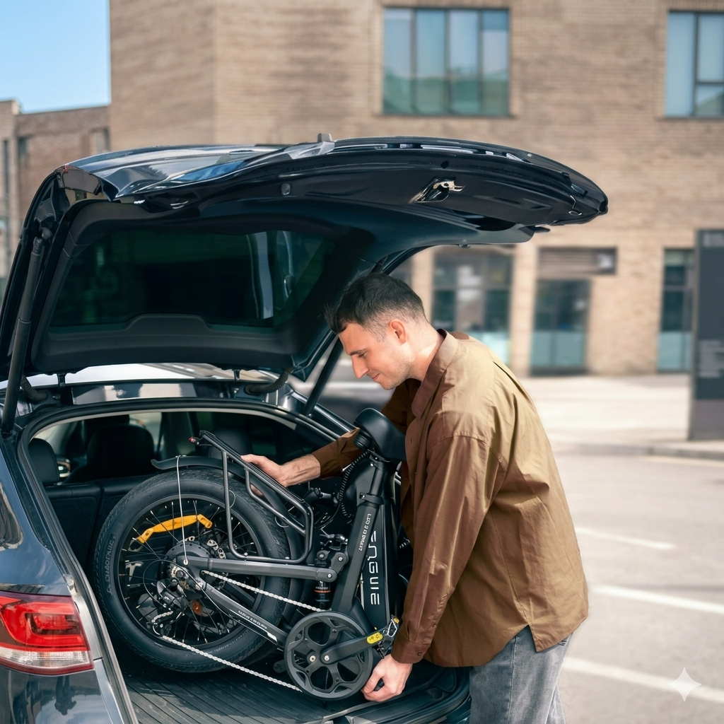 Mann lädt ein zusammengeklapptes schwarzes Elektrofahrrad in den Kofferraum eines dunklen Autos.