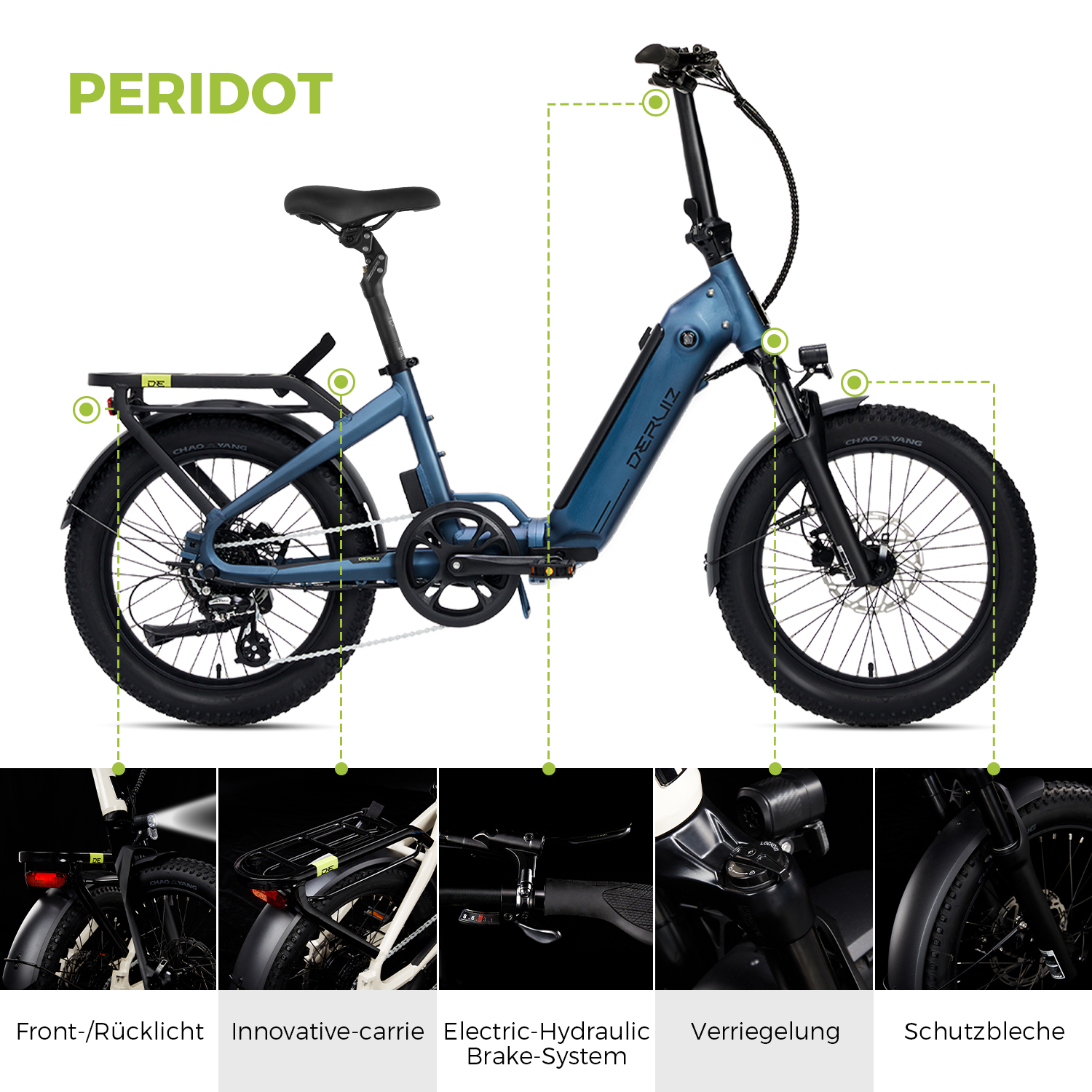 Ein blaues faltbares E-Bike namens PERIDOT mit detaillierten Nahaufnahmen von Komponenten.