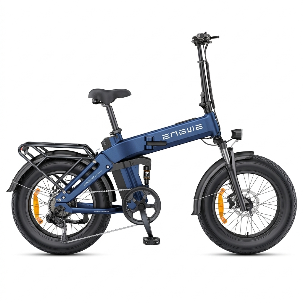 Una bicicletta elettrica pieghevole blu con portapacchi posteriore e pneumatici spessi.