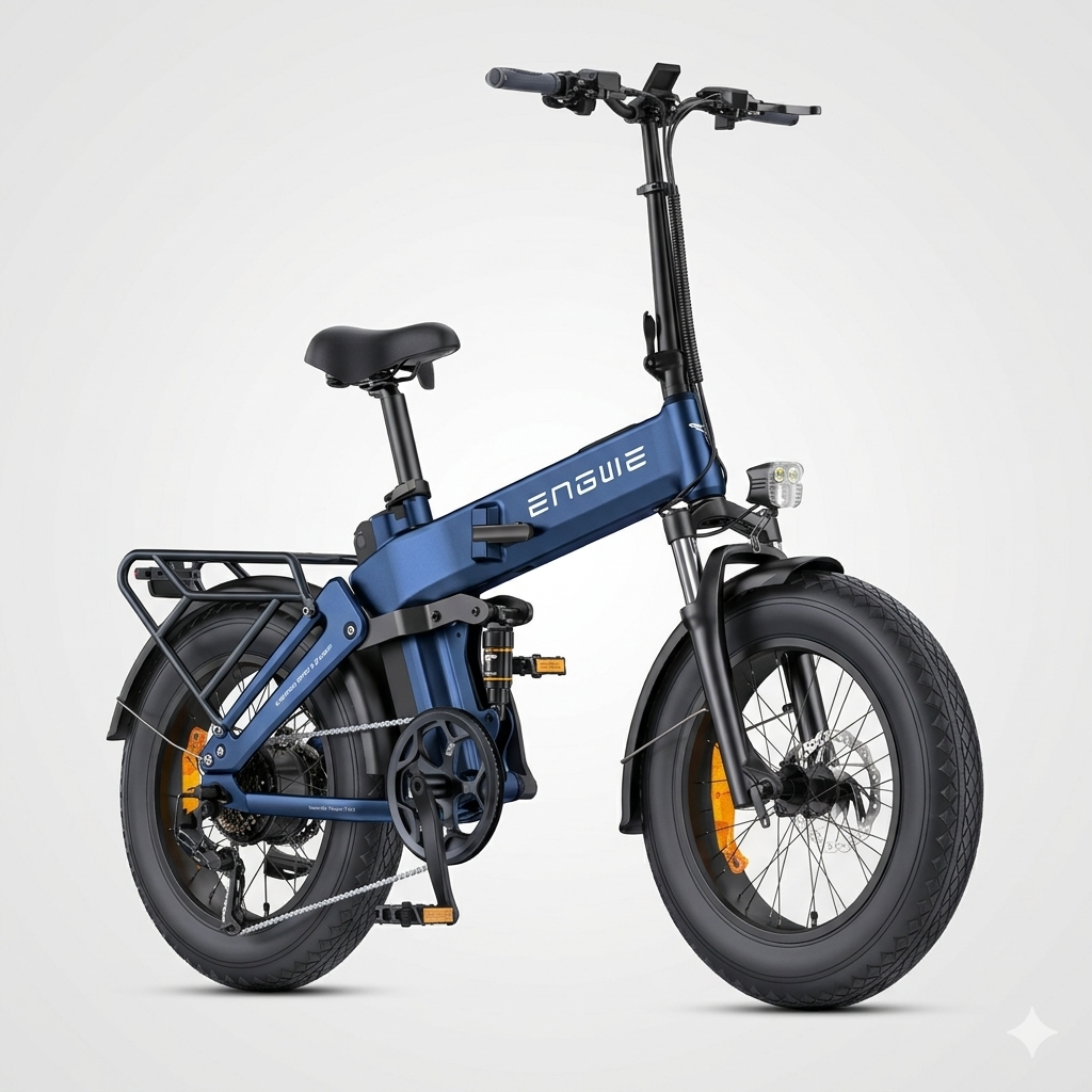 Una bici elettrica pieghevole blu con pneumatici larghi e portapacchi.