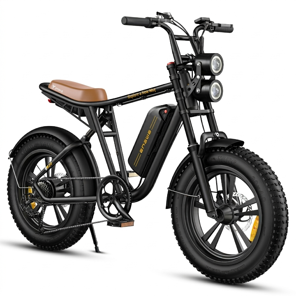 Ein schwarzes E-Bike mit breiten Reifen, braunem Sattel und Doppelscheinwerfern.