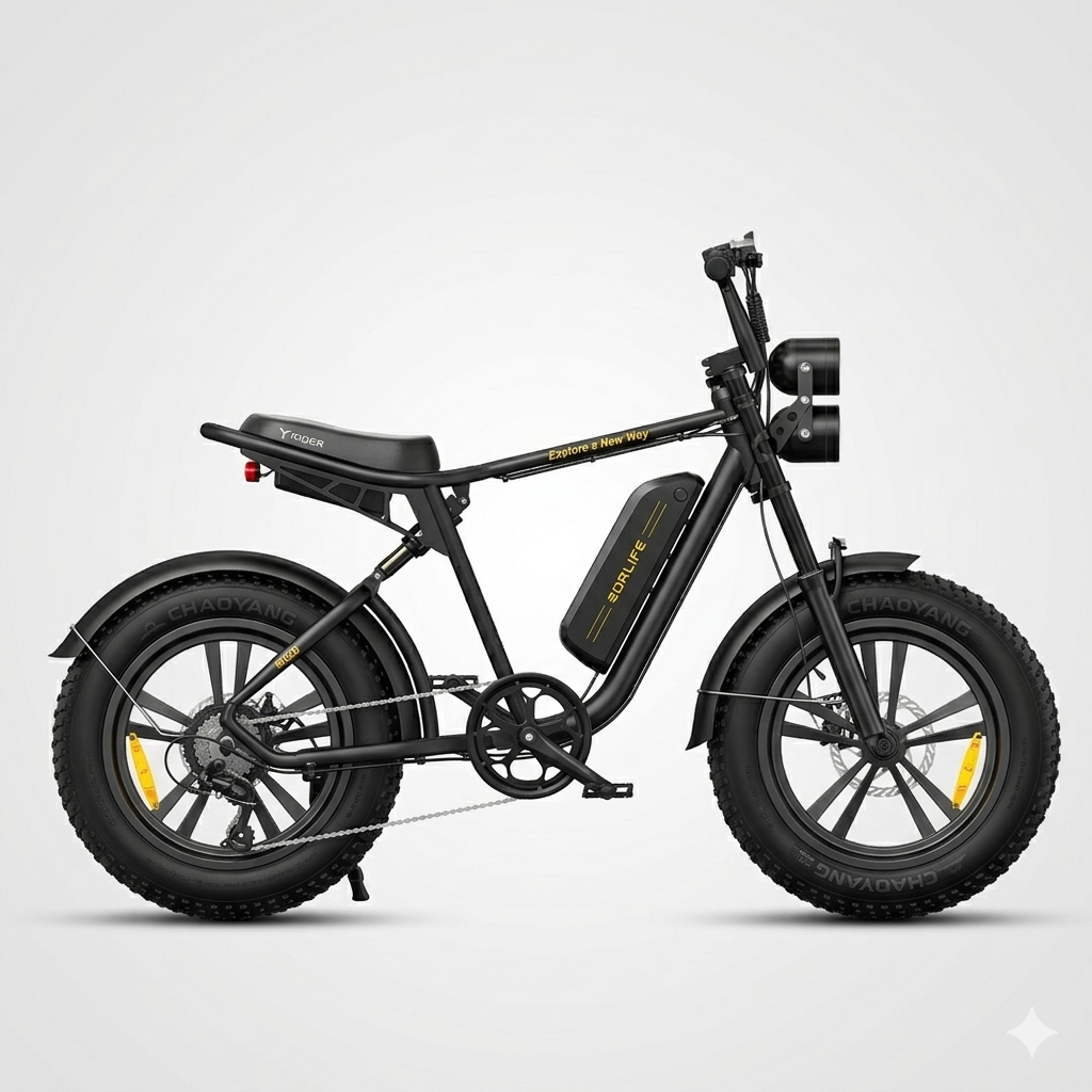 Schwarzes E-Bike mit breiten Reifen, Doppelscheinwerfern und gelbem Akzent.