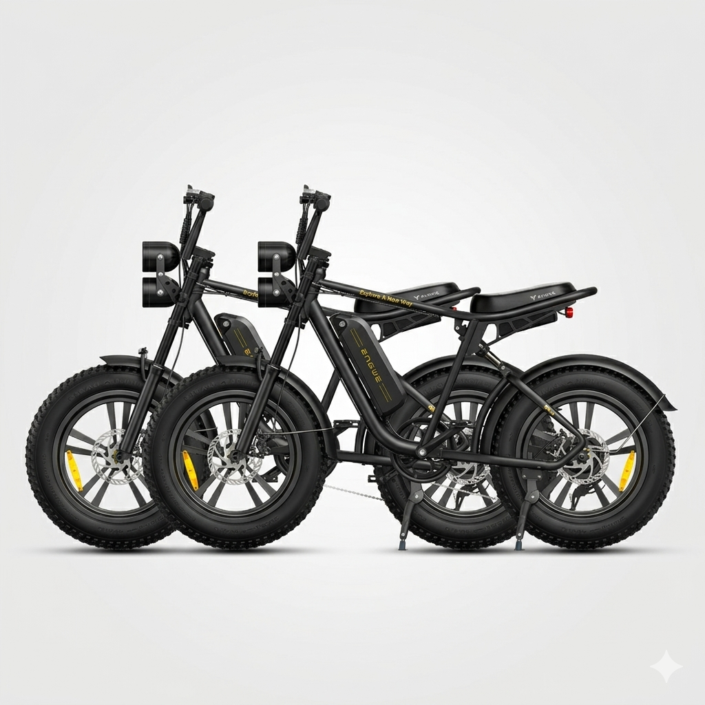 Zwei schwarze E-Bikes mit breiten Reifen und Doppelscheinwerfern nebeneinander.