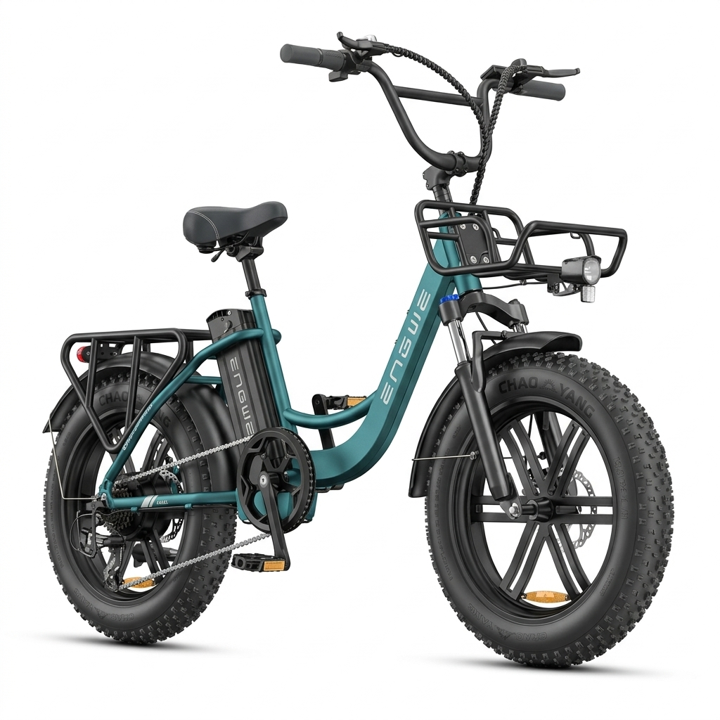 Ein türkisfarbener Fat-Tire-E-Bike mit Gepäckträgern vorne und hinten.
