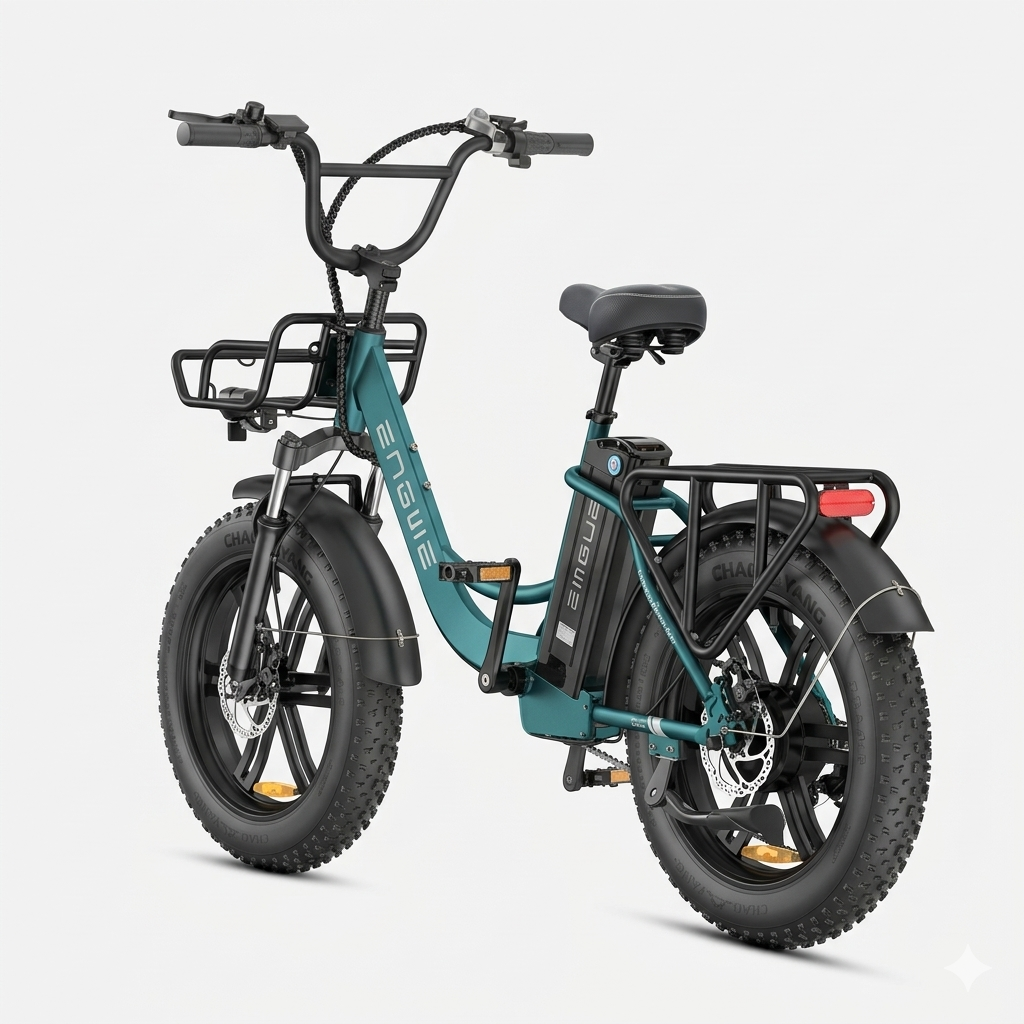 Türkis-farbenes E-Fatbike mit vorderem und hinterem Gepäckträger vor weißem Hintergrund.
