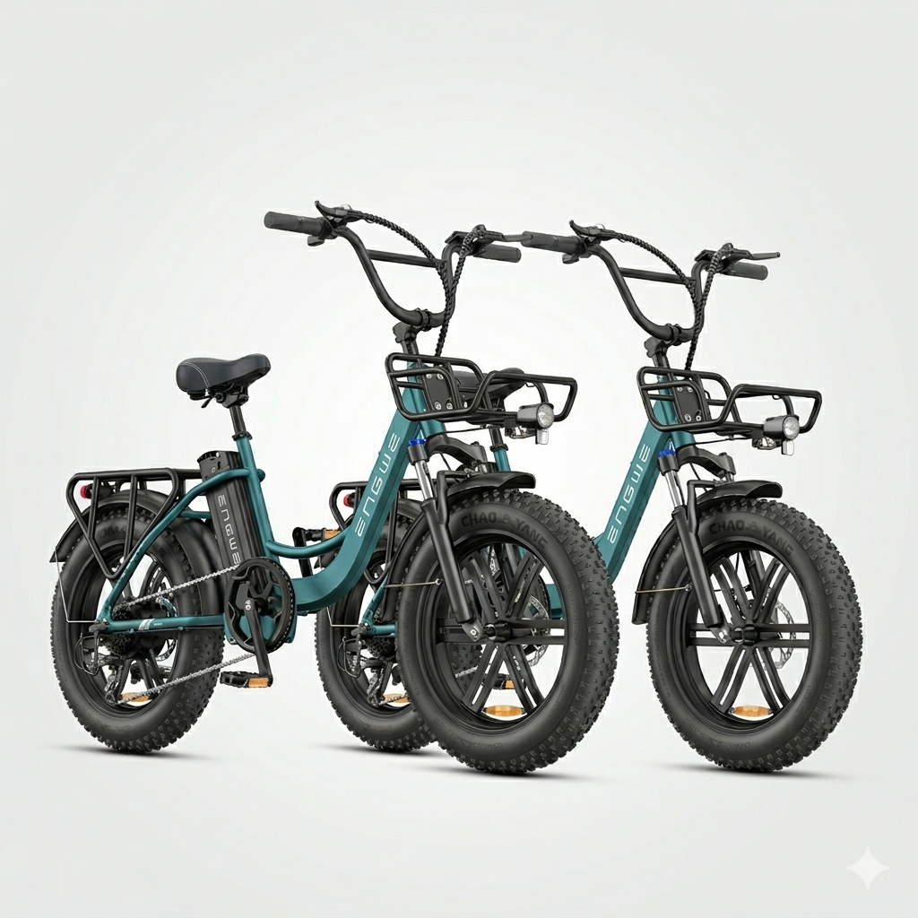 Zwei tealfarbene E-Bikes mit breiten Reifen und Gepäckträgern.