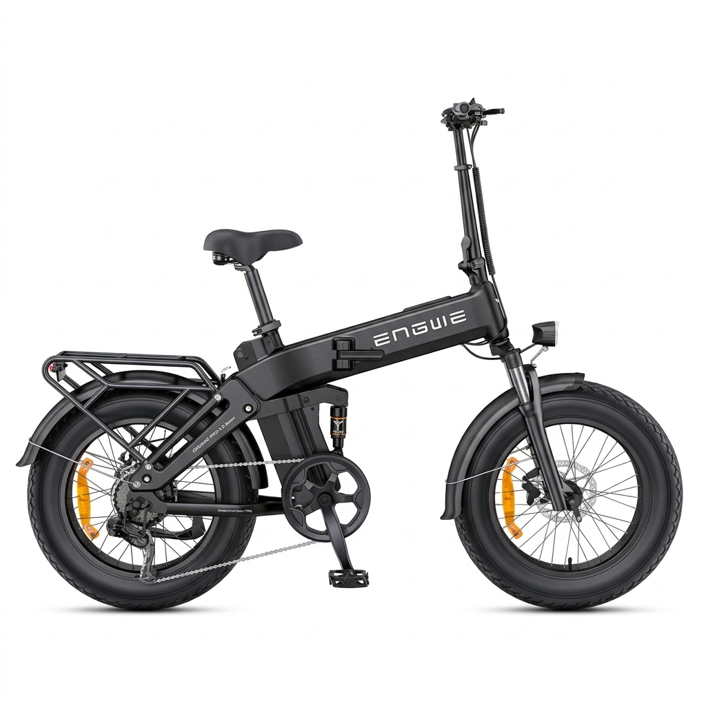 Bici elettrica pieghevole nera con portapacchi, sospensioni anteriori e posteriori.