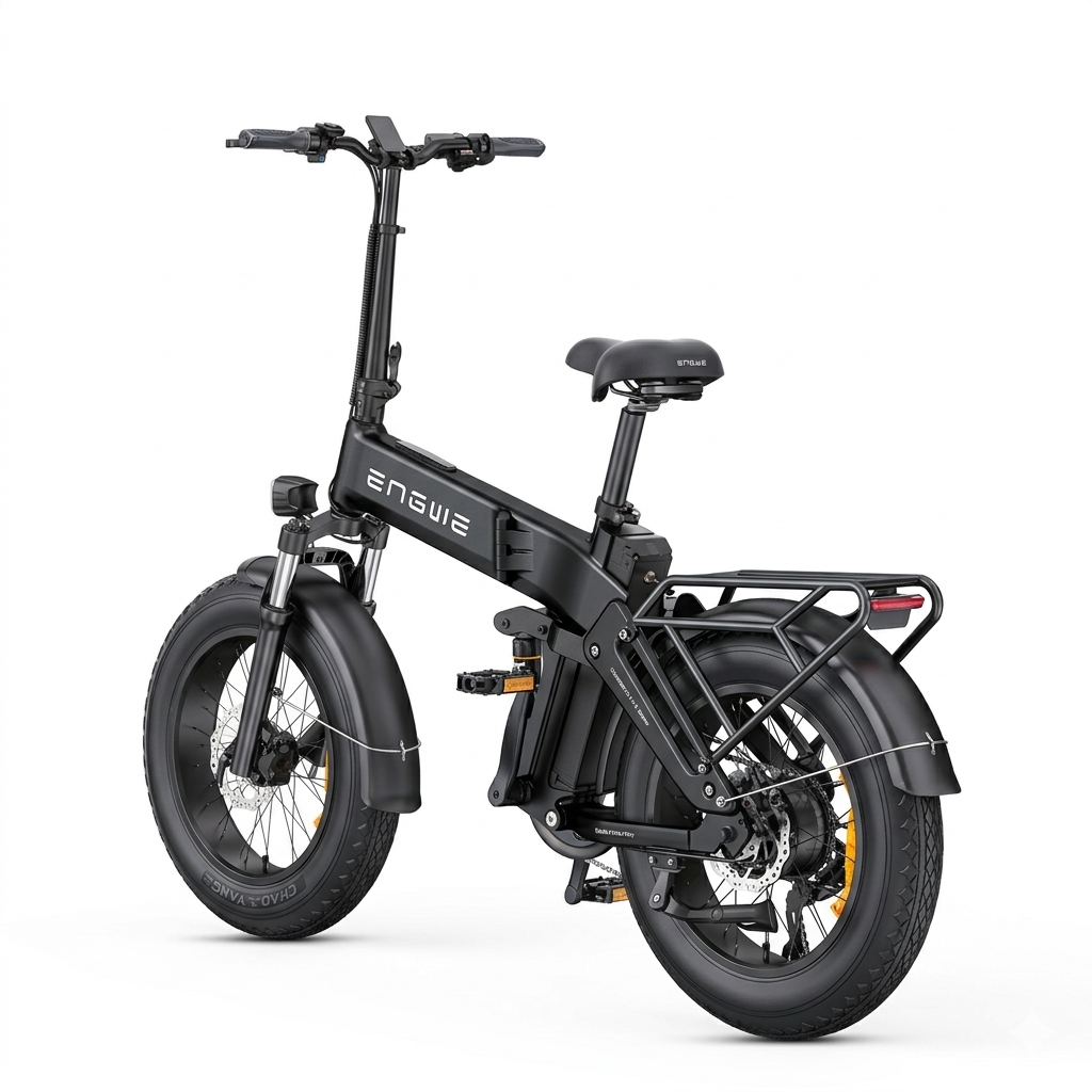 Una bicicletta elettrica pieghevole nera con pneumatici spessi e portapacchi posteriore, su sfondo bianco.