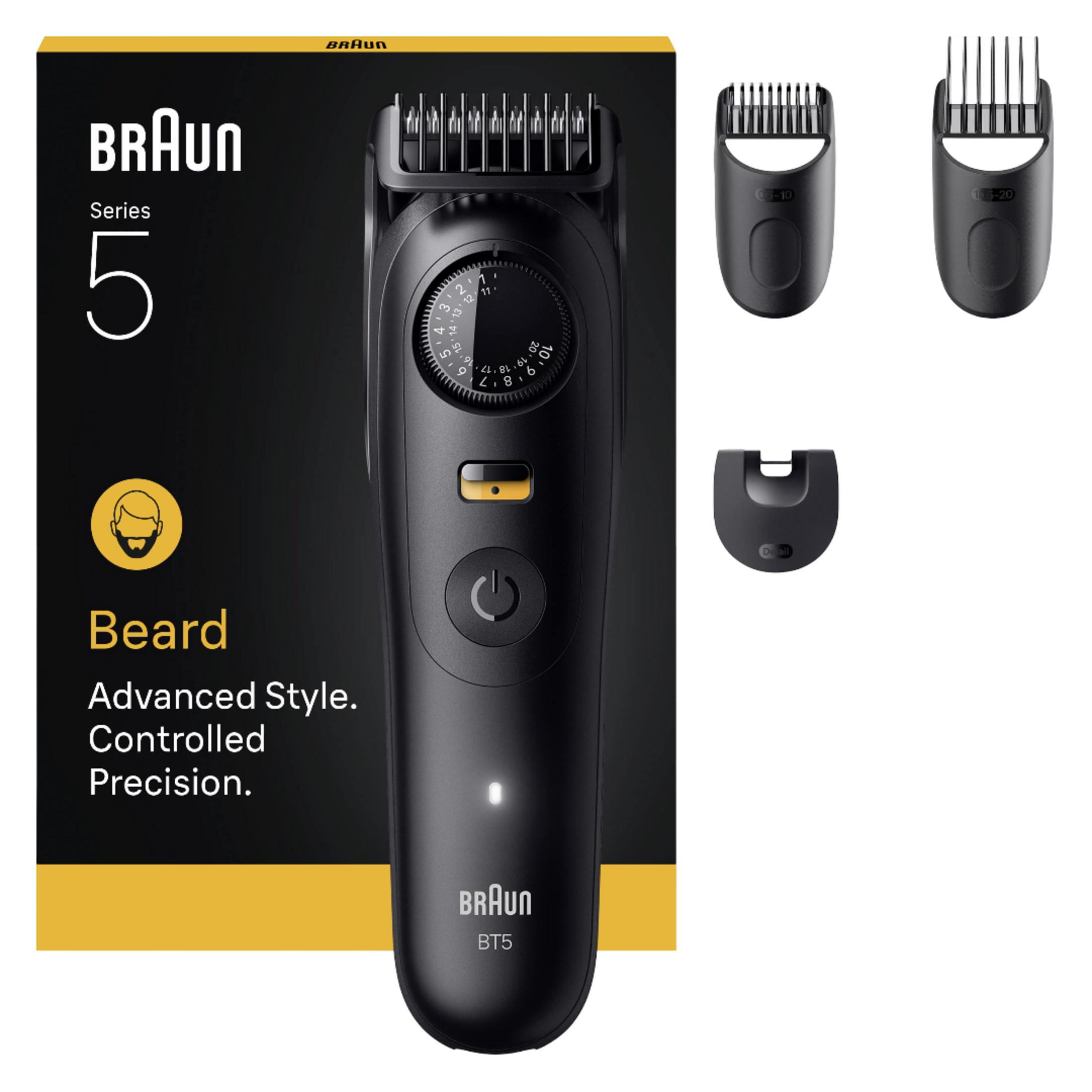 Schwarzer Braun Barttrimmer Serie 5 BT5 mit Zubehörteilen und Verpackung.